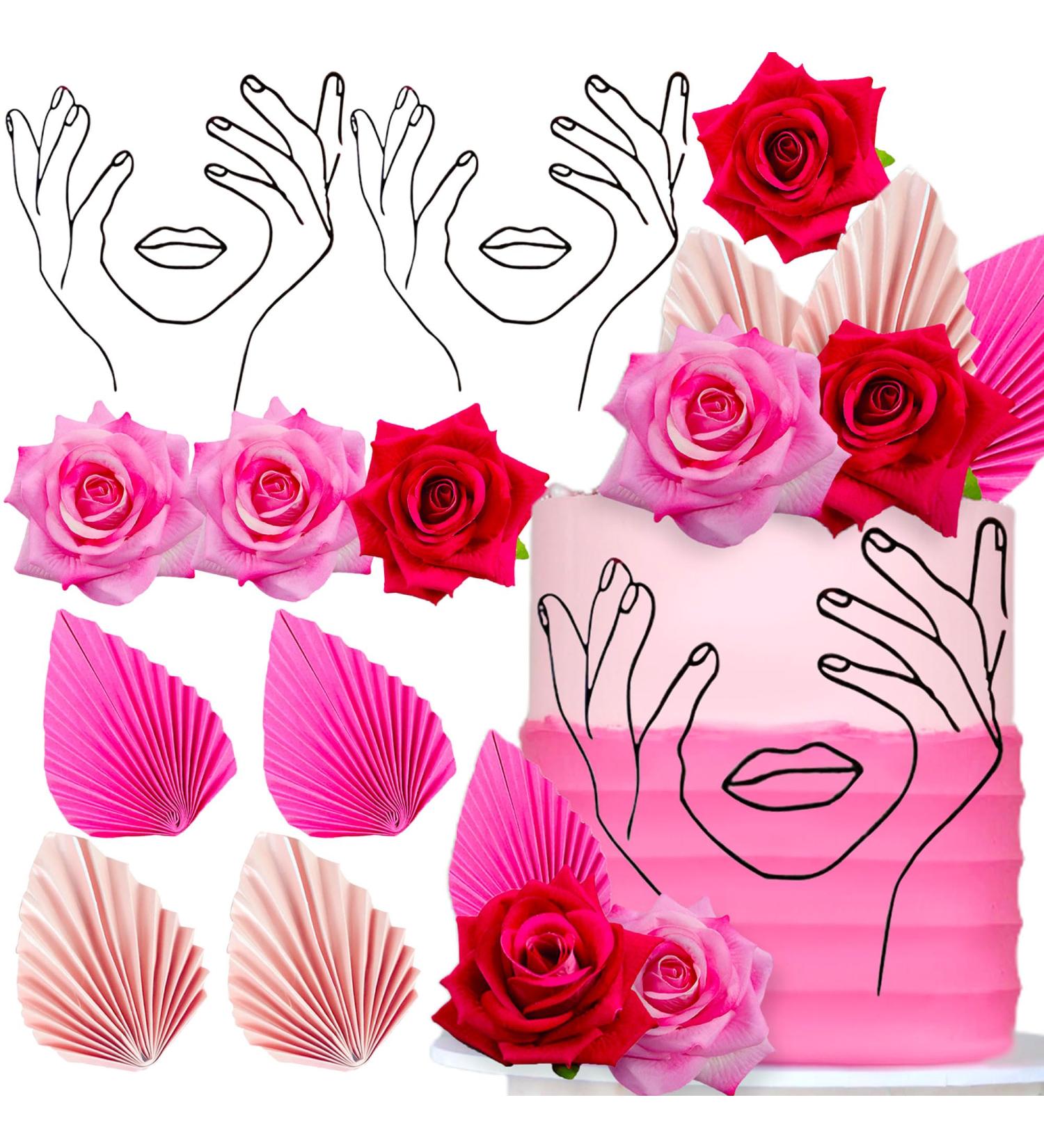 JeVenis Rosa Acrylic Minimalist Art Lady Face Cake Topper Pink Rose Cake Topper Gold Palm Leaves Wedding Cake Toppers for Wedding Bridal Shower Birthday Party - Buy Online on SooperMarket.com