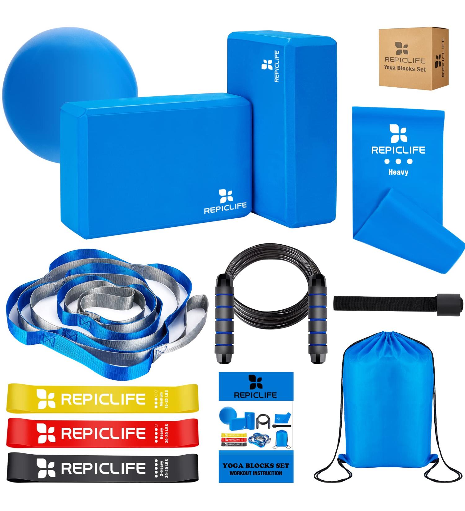 Yoga Blocks Set with Mini Ball, Resistance Bands, Jump Rope & Gym Bag - Pilates & Stretching Accessories - Buy Online on SooperMarket.com