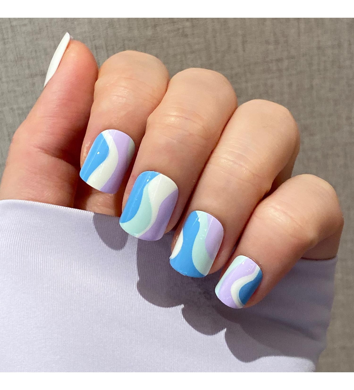 Novo Ovo Short Corner Oval Press On Nails - Purple White Green Strudel - Lavender Stick Artificial Fingernails with Glue for Valentine's Day | International Shipping - Buy Online on SooperMarket.com
