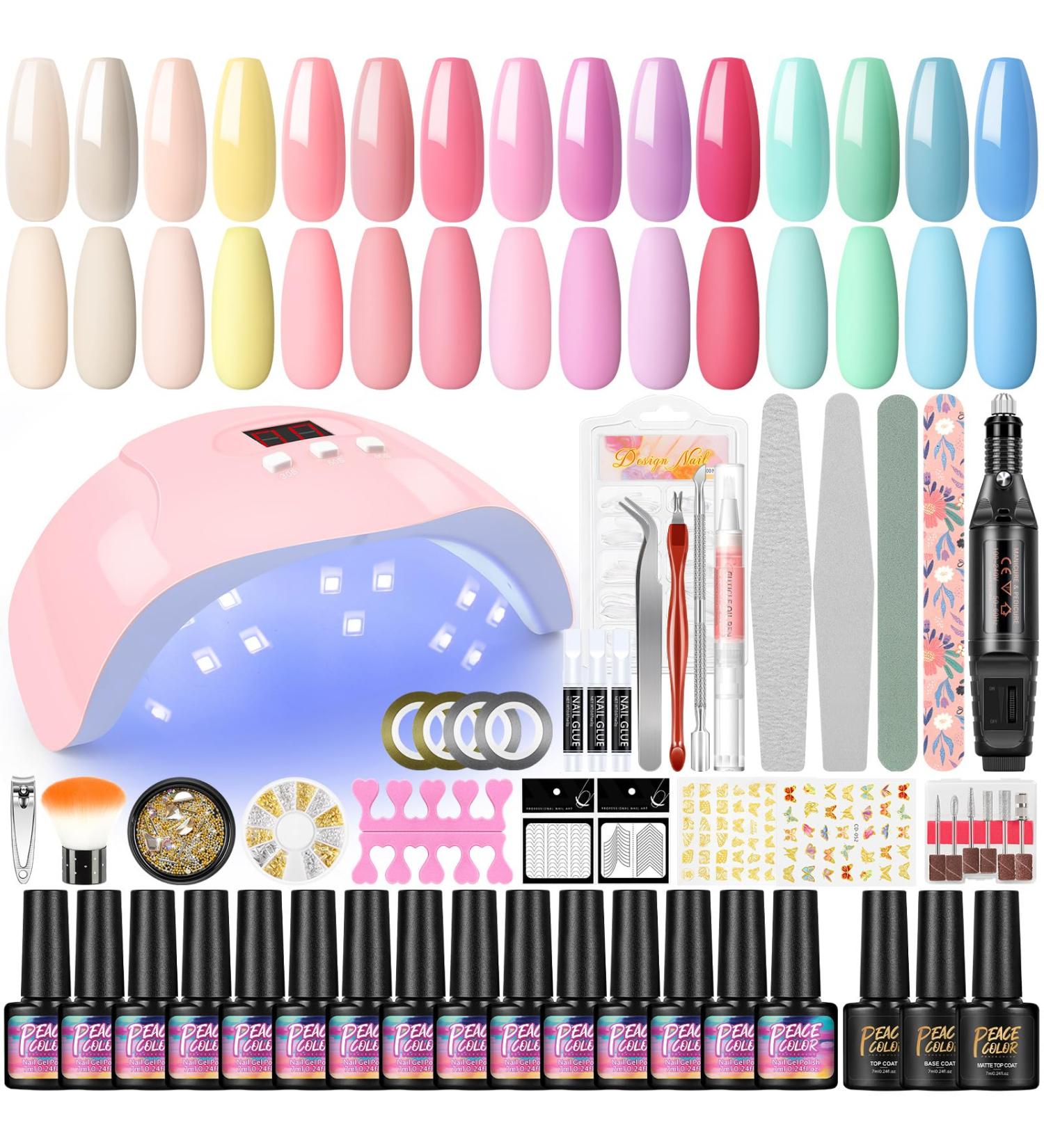 PEACECOLOR Gel Nail Kit with Electric Nail File - 15Pcs Gel Nail Polish Sets | 36W UV/LED Nail Lamp, Top/Base Matte Coat | Professional Manicure Tools & Decoration - PH0021 - Buy Online on SooperMarket.com
