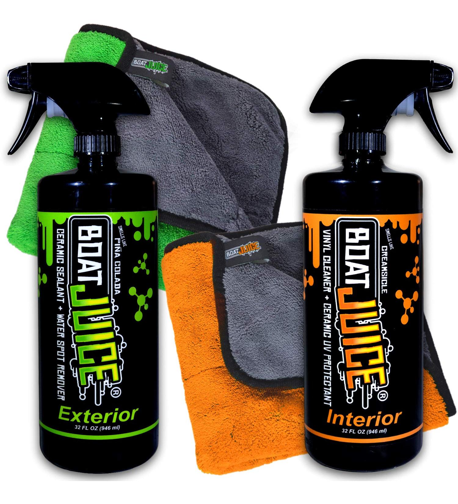 Boat Juice Cleaner Kit - 32oz Exterior Cleaner with Ceramic SiO2 Sealant & 32oz Interior Vinyl Cleaner with Ceramic UV Protectant - Includes Microfiber Towels - Water Spot Remover - Buy Online on SooperMarket.com