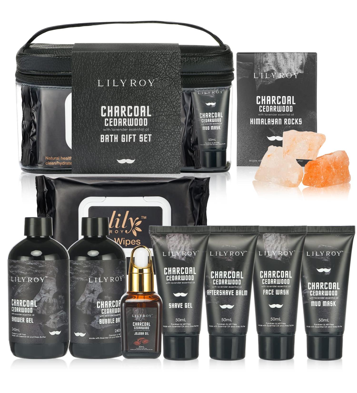 Men's Spa Gift Set for Father's Day - 10Pcs Charcoal Cedarwood Spa Kit with Jojoba Oil, Aftershave Balm, Shave Gel & More - Gift Basket for Dad - Buy Online on SooperMarket.com