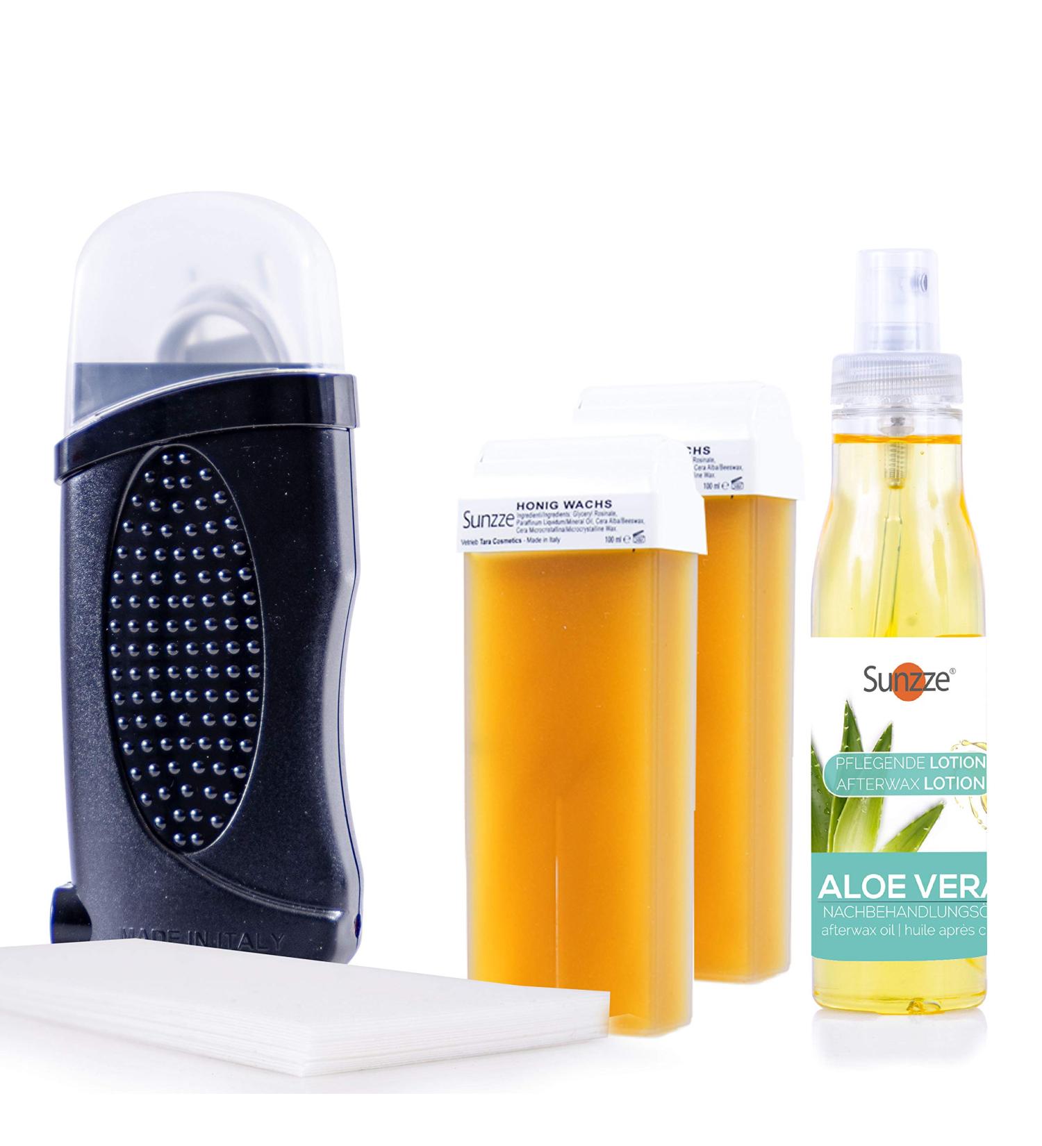 Sunting Wax Roll-On Depilatory Set | Warm Wax Device & 2x100ml Cartridges for Hair Removal | Fleece Strips | Black - Buy Online on SooperMarket.com