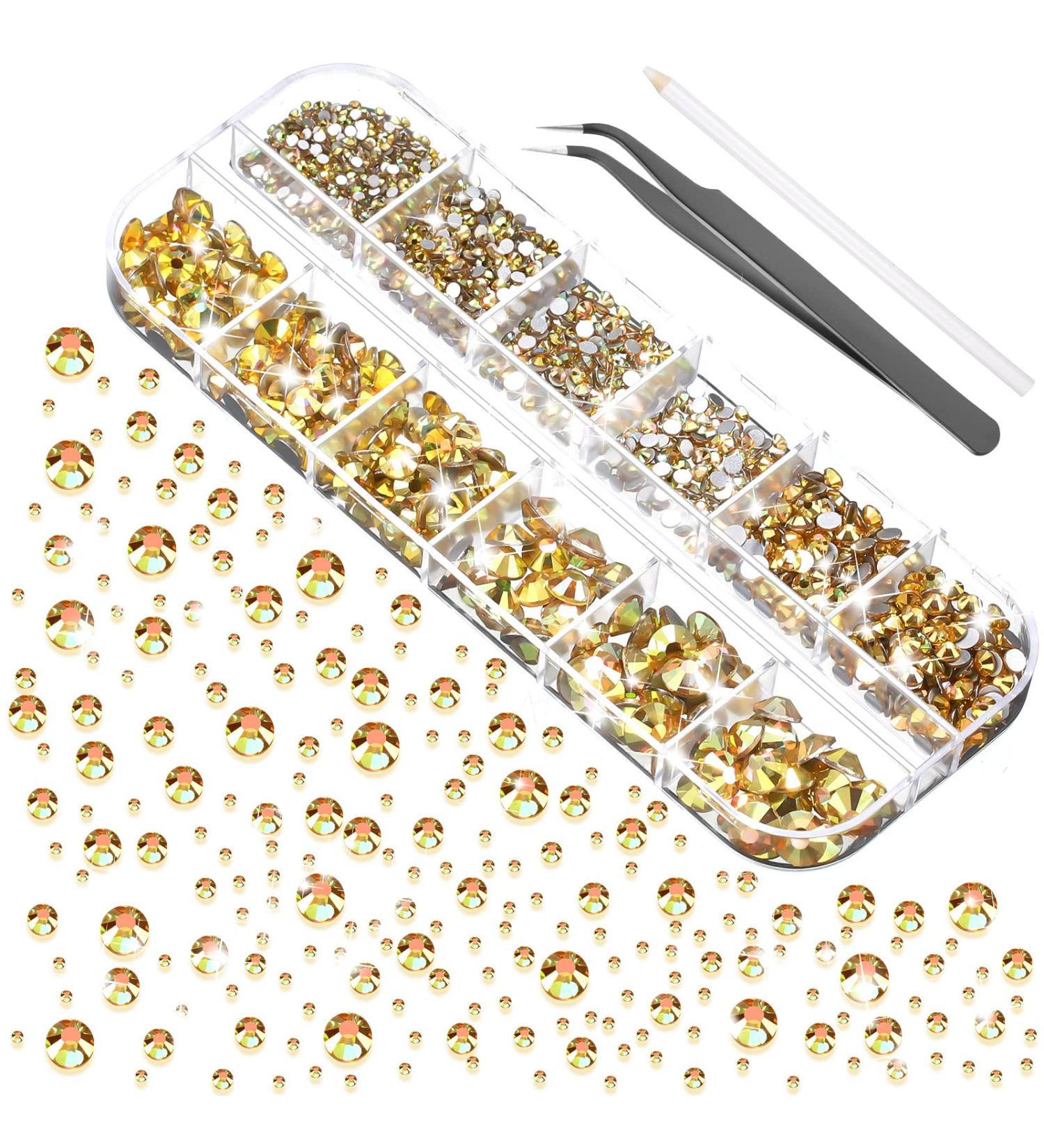 2000 Flat Back Gems Rhinestones Set with Tweezer and Pen - 6 Sizes (1.5-6 mm) Round Crystal Rhinestones for Crafts, Nails, Clothes, Shoes - Metallic Sunshine - Buy Online on SooperMarket.com