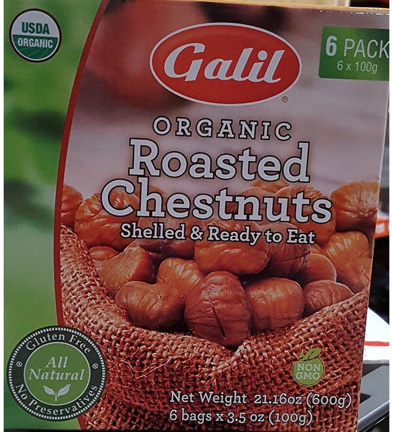 Galil XvSVCt 100 Percent Organic Whole Roasted Chestnuts, Shelled, Ready to eat, 6 packs inside, 21.16 oz (6 Pack)