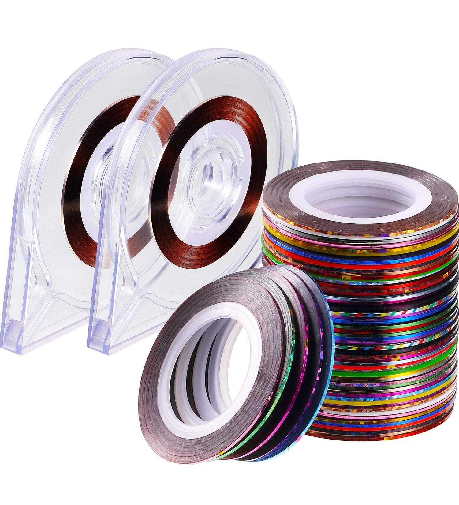 90-Pieces Nail Striping Tape Line Set - 30 Mixed Colors Rolls for DIY Nail Art with 2 Tape Dispensers - Buy Online on SooperMarket.com