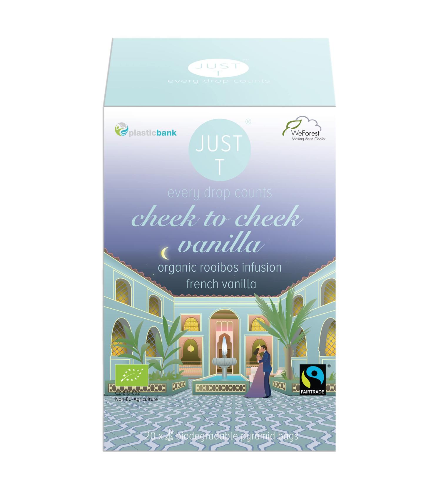 Just T Cheek to Cheek Vanilla Organic Rooibos Tea Bags (20 pcs) | French Vanilla Infused | Biodegradable Pyramid Bags | High-Grown Leaf Tea - Buy Online on SooperMarket.com