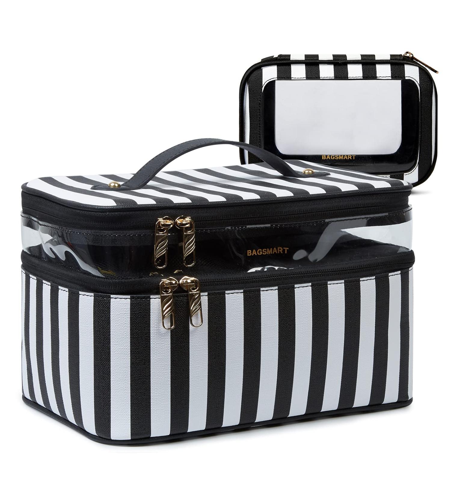 Large Makeup Bag BAGSMART Travel Cosmetic Case with Clear Toiletry Pouch | Double Layer Organizer with Adjustable Dividers | Portable Artist Storage Bag | Black & White Stripes - Buy Online on SooperMarket.com