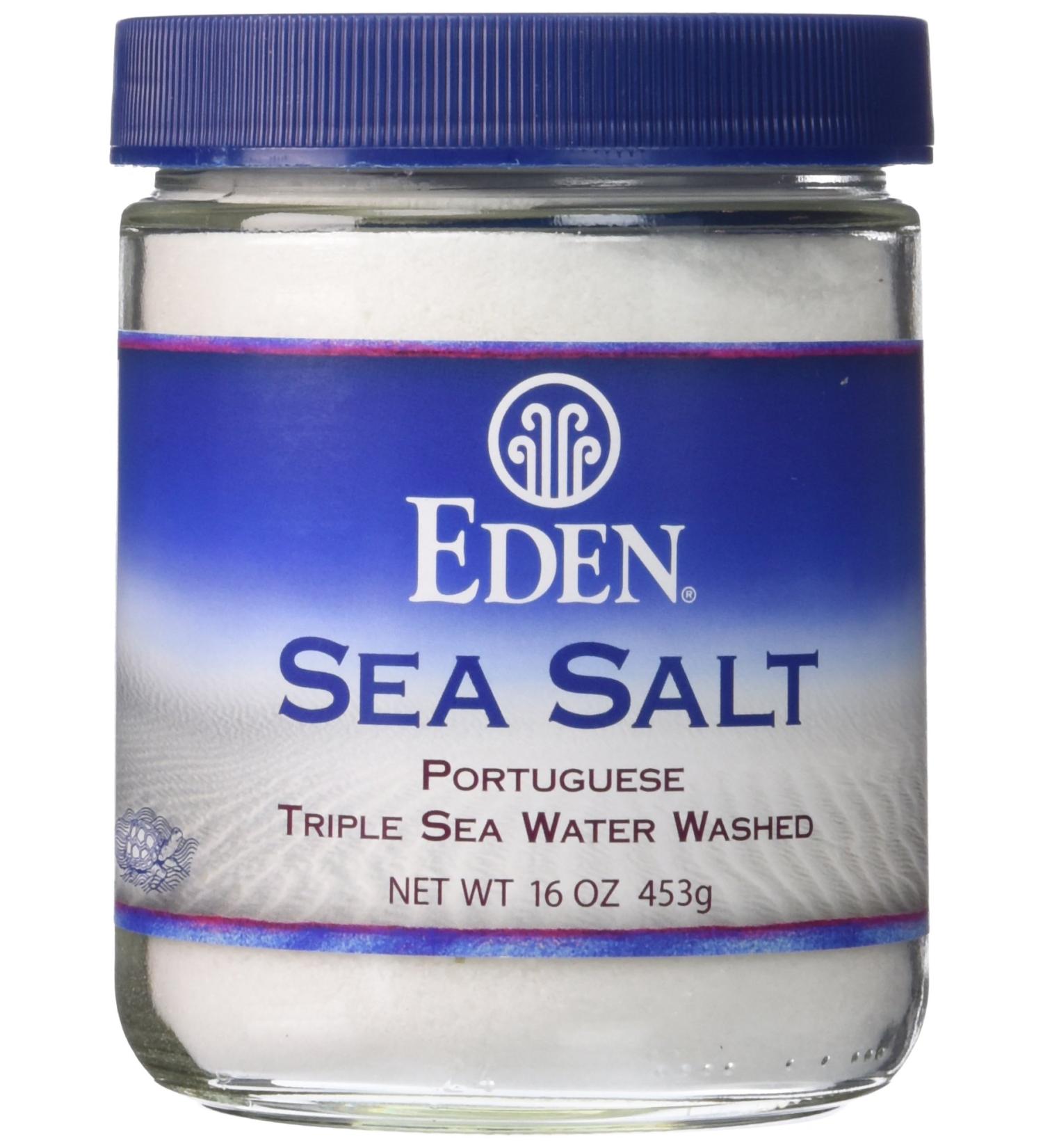 Eden Sea Salt, Hand Harvested Portuguese, Triple Sea Water Washed, Fine Grind, Glass Bottle, 16 oz