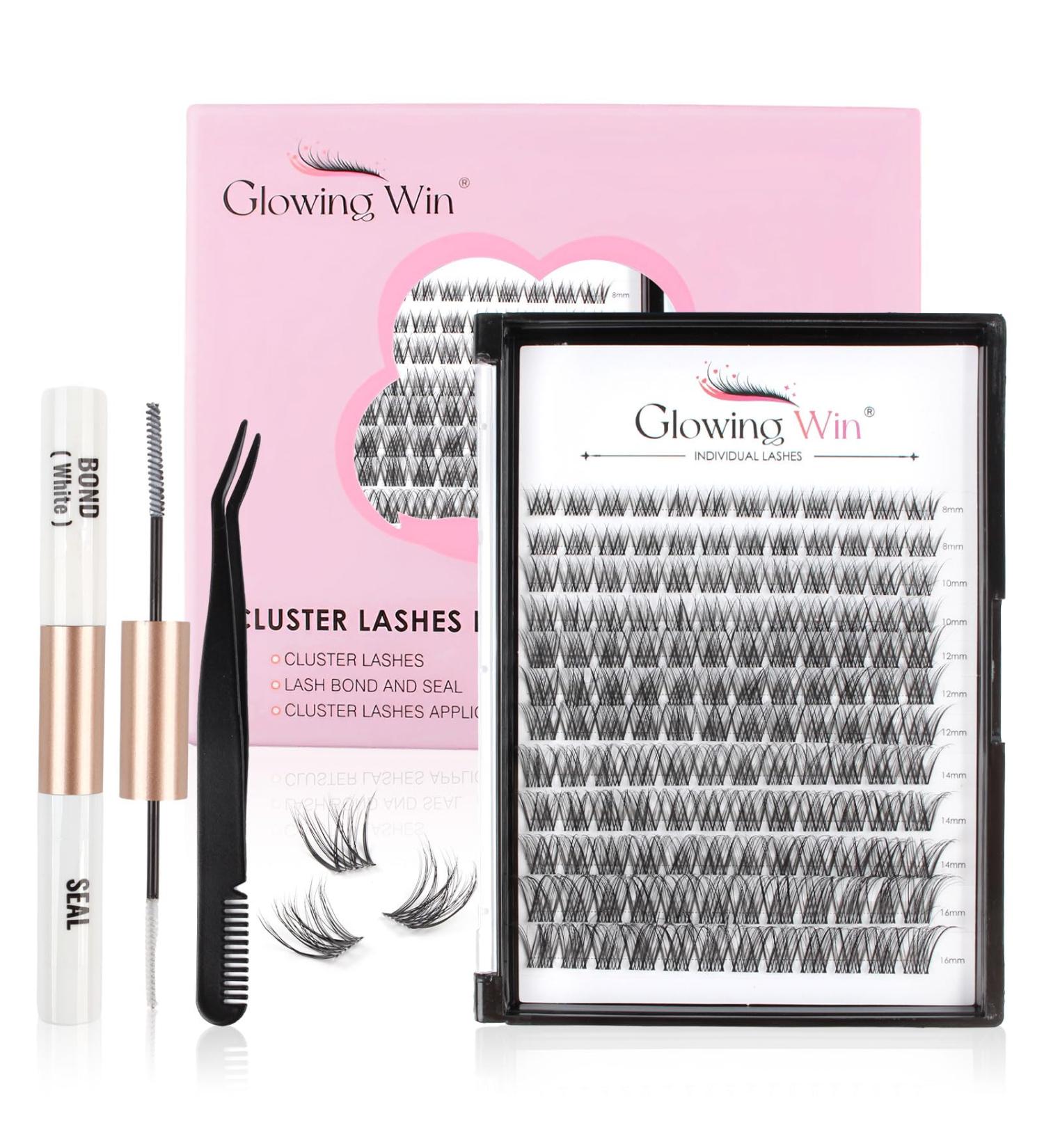 Glowing Win Individual Eyelash Extensions Set - DIY Cluster Lashes Kit with 144 PCS Lash Bond & Seal Tweezers | 8-16mm Natural False Eyelashes for Stunning Looks - Buy Online on SooperMarket.com