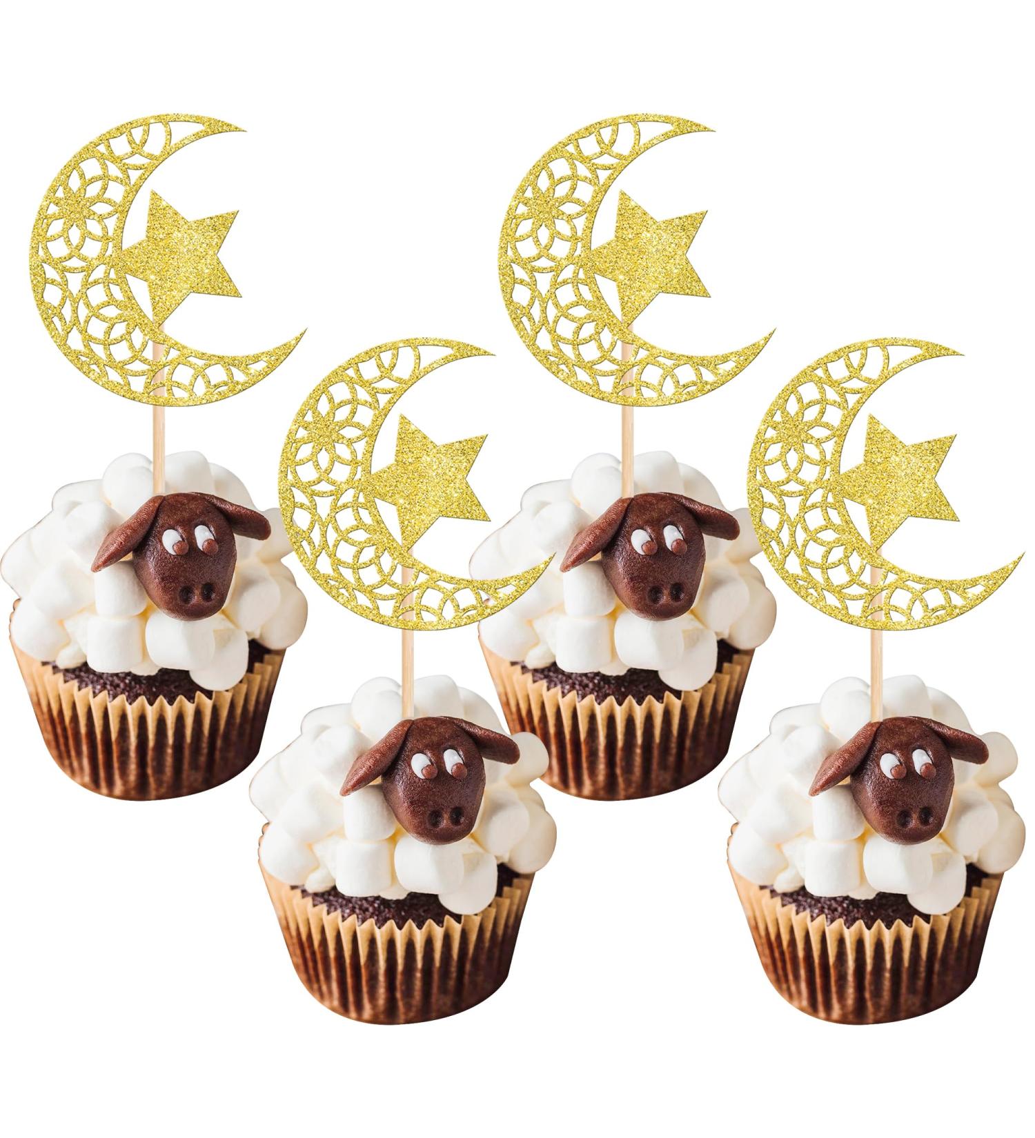 Rsstarxi 24 Pack Gold Glitter Moon and Star Cupcake Toppers Eid Mubarak Cupcake Toppers Ramadan Kareem Party Cupcake Picks for Eid Islamic Muslim Party Cake Decorations Design 5 - Buy Online on SooperMarket.com