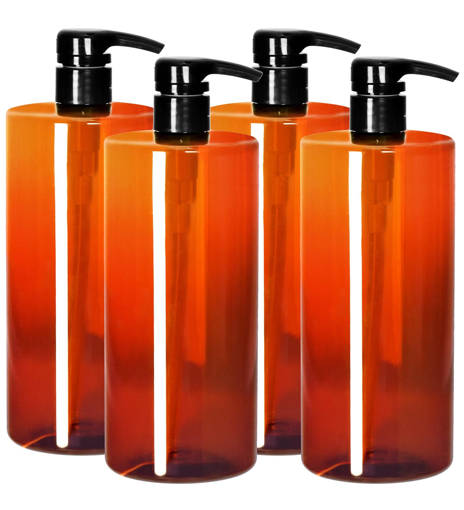 Youngever 4-Set 1L Pump Dispenser for Shampoo & Lotions - Reusable Amber Plastic Bottles for Kitchen & Bathroom - Buy Online on SooperMarket.com