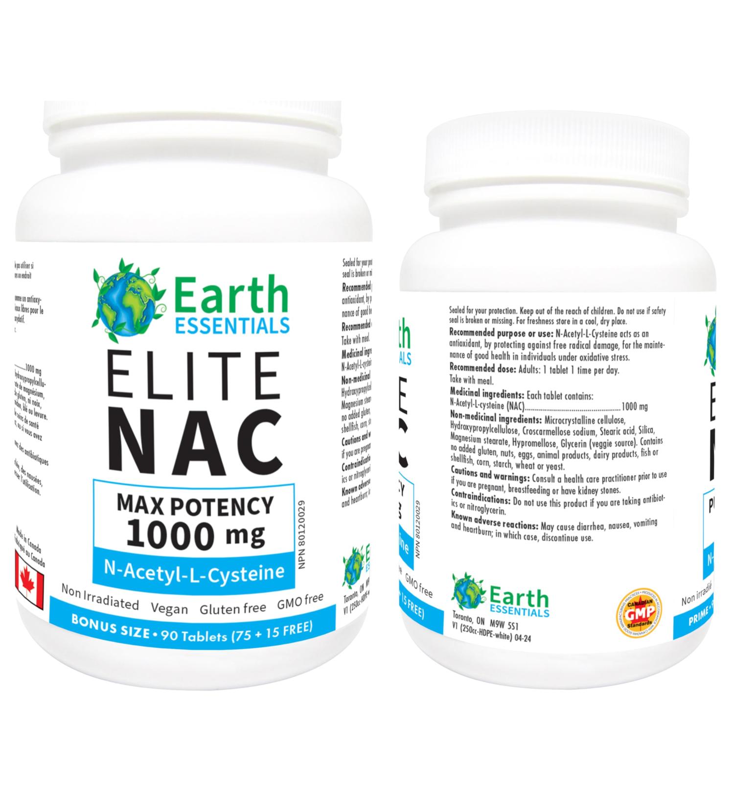 Earth Essentials Elite NAC Tablets 1000mg Per Capsule - BONUS SIZE 90 Tablets (75+15 FREE) - Buy Online on SooperMarket.com