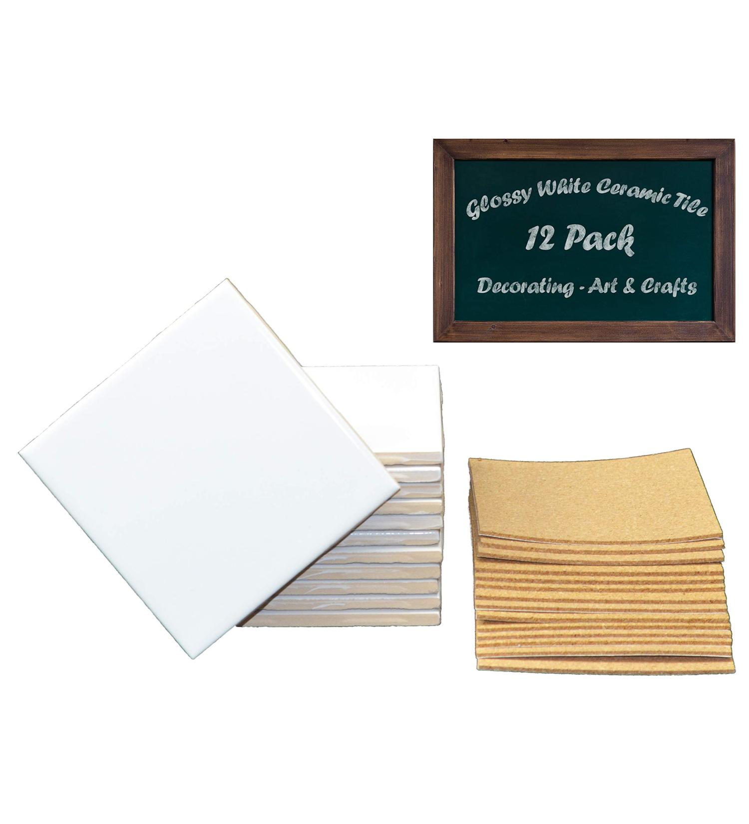 12 Ceramic White Tiles 4 1/4 x 4 1/4 with Cork Backing Pads for Coaster Making and Painting Projects - Ideal for Alcohol Ink and Acrylic Pouring - DIY Craft Supplies - Buy Online on SooperMarket.com