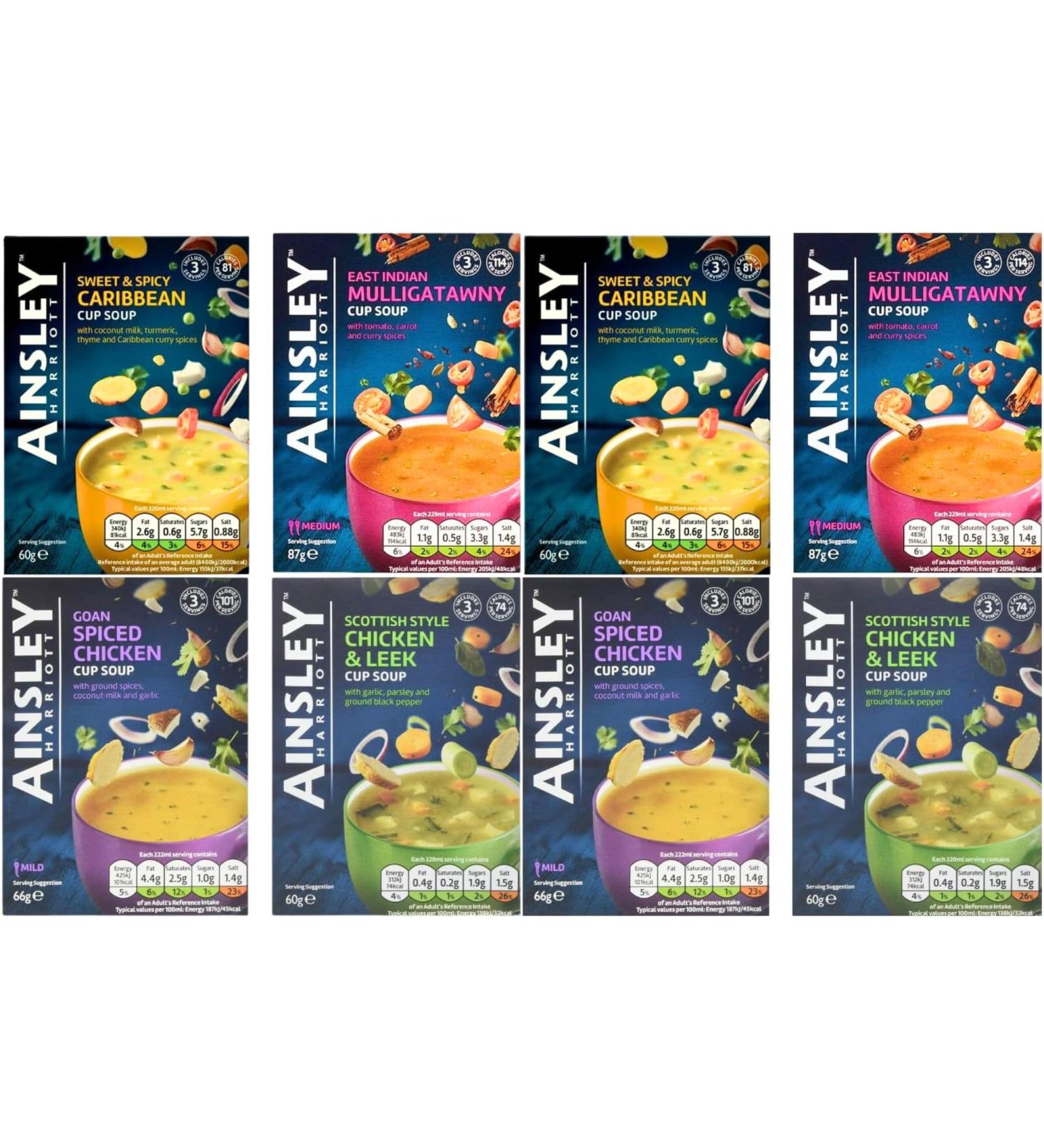 Ainsley Harriott Goan Spiced Chicken Cup Soup 66g Caribbean Cup Soup 60g East Indian Mulligatawny Cup Soup 87g & Scottish Chicken & Leek Cup Soup 60g (8 Pack Mixed Bundle) - Buy Online on SooperMarket.com