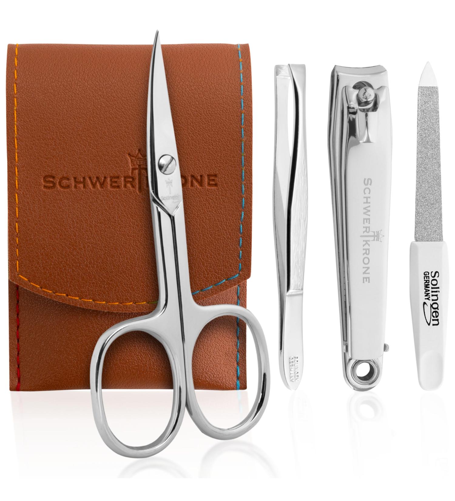 Premium Solingen Travel Nail Care Set - Sword Crown Nail Scissors Nail File Tweezers & Clippers - Made in Germany - Perfect Gift (Brown 4-Piece) - Buy Online on SooperMarket.com