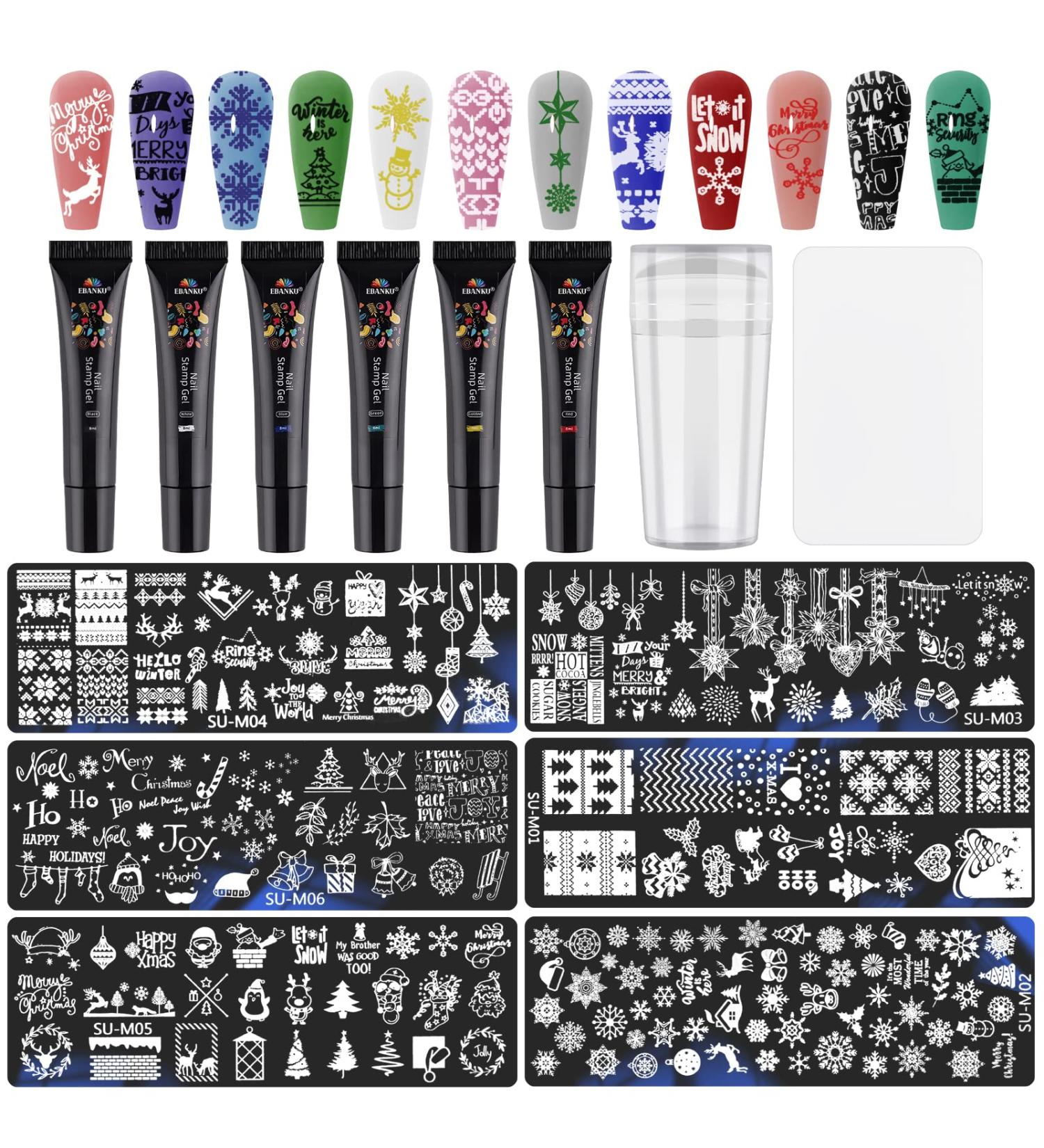 12PCS Christmas Nail Stamper Kit EBANKU 6 Colors Nail Stamping Gel Polish with 6pcs Nail Stamping Templates with Silicone Stamper & Scrapers Snowflakes Santa Trees Nail Plate Print Manicure Tool 0.08 ml (12er Pack) - Buy Online on SooperMarket.com