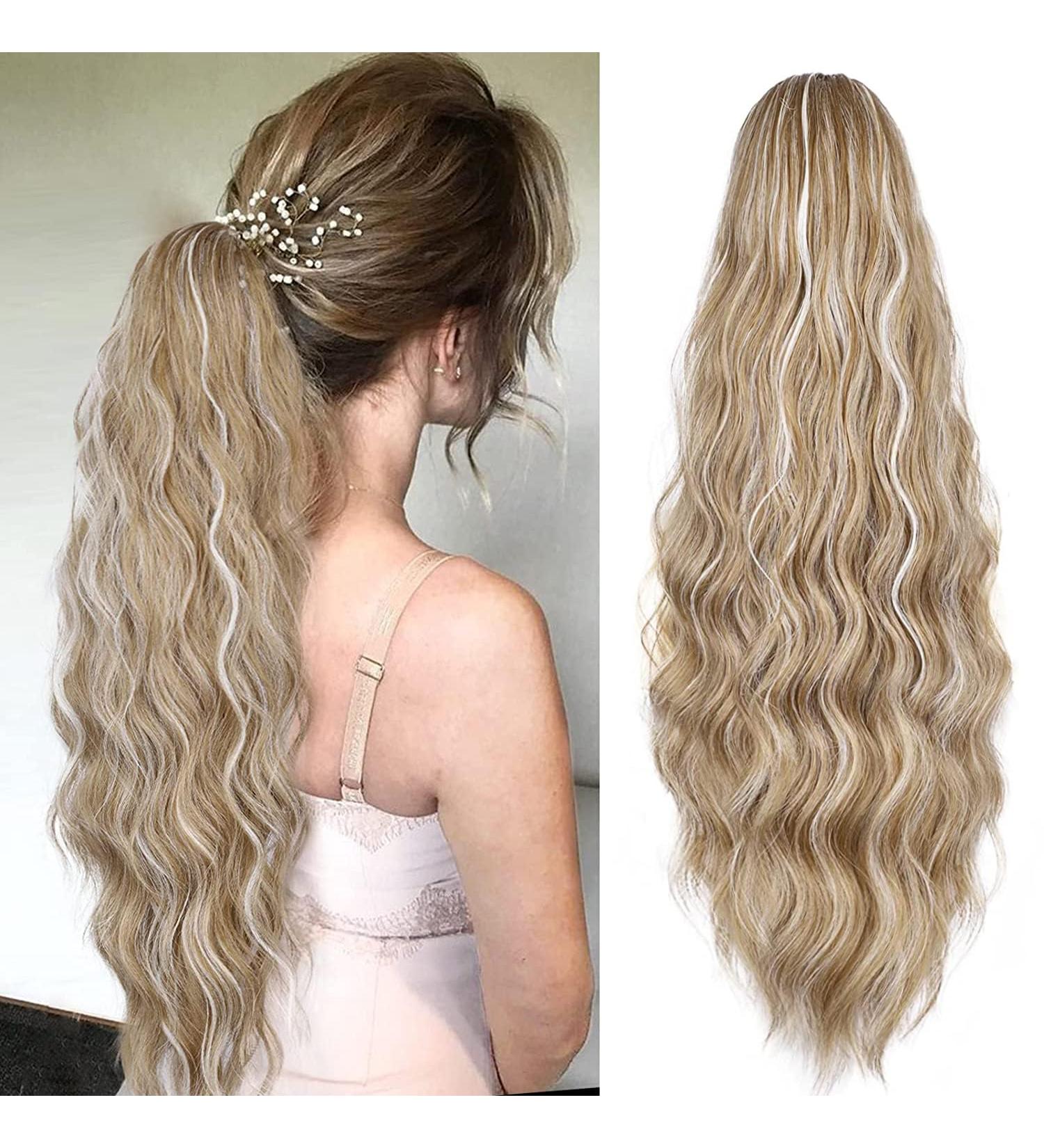 YEESHEDO Long Wavy Ponytail Hair Extension- 26 Inches Light Brown with White Highlights | Clip in Drawstring Curly Synthetic Hairpiece for Women - Buy Online on SooperMarket.com