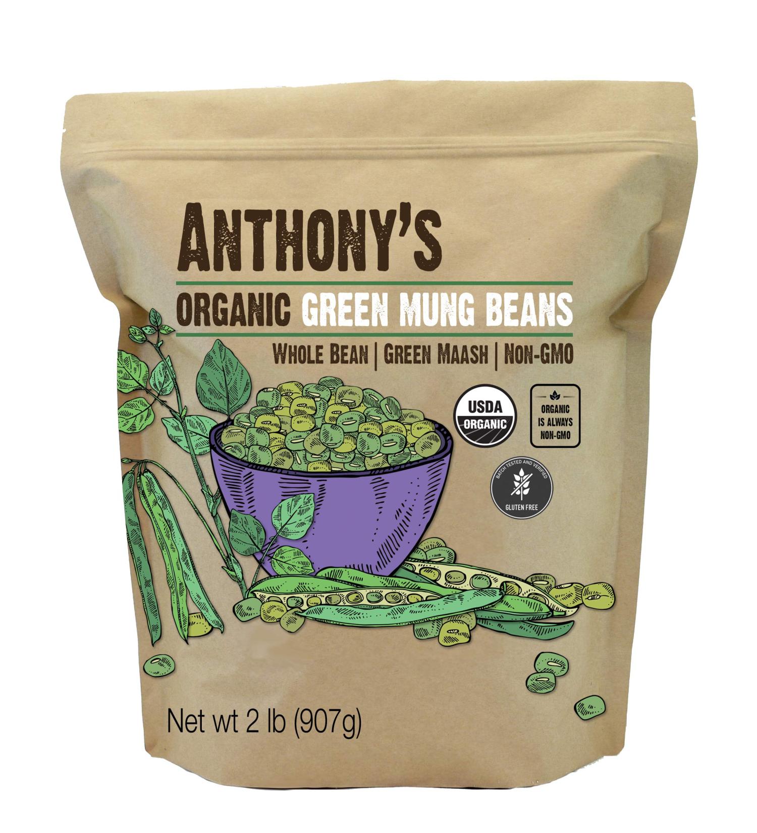 Anthony's Organic Whole Green Mung Bean 2 lb - Gluten Free, Non GMO, Vegan - Green Maash - Buy Online on SooperMarket.com