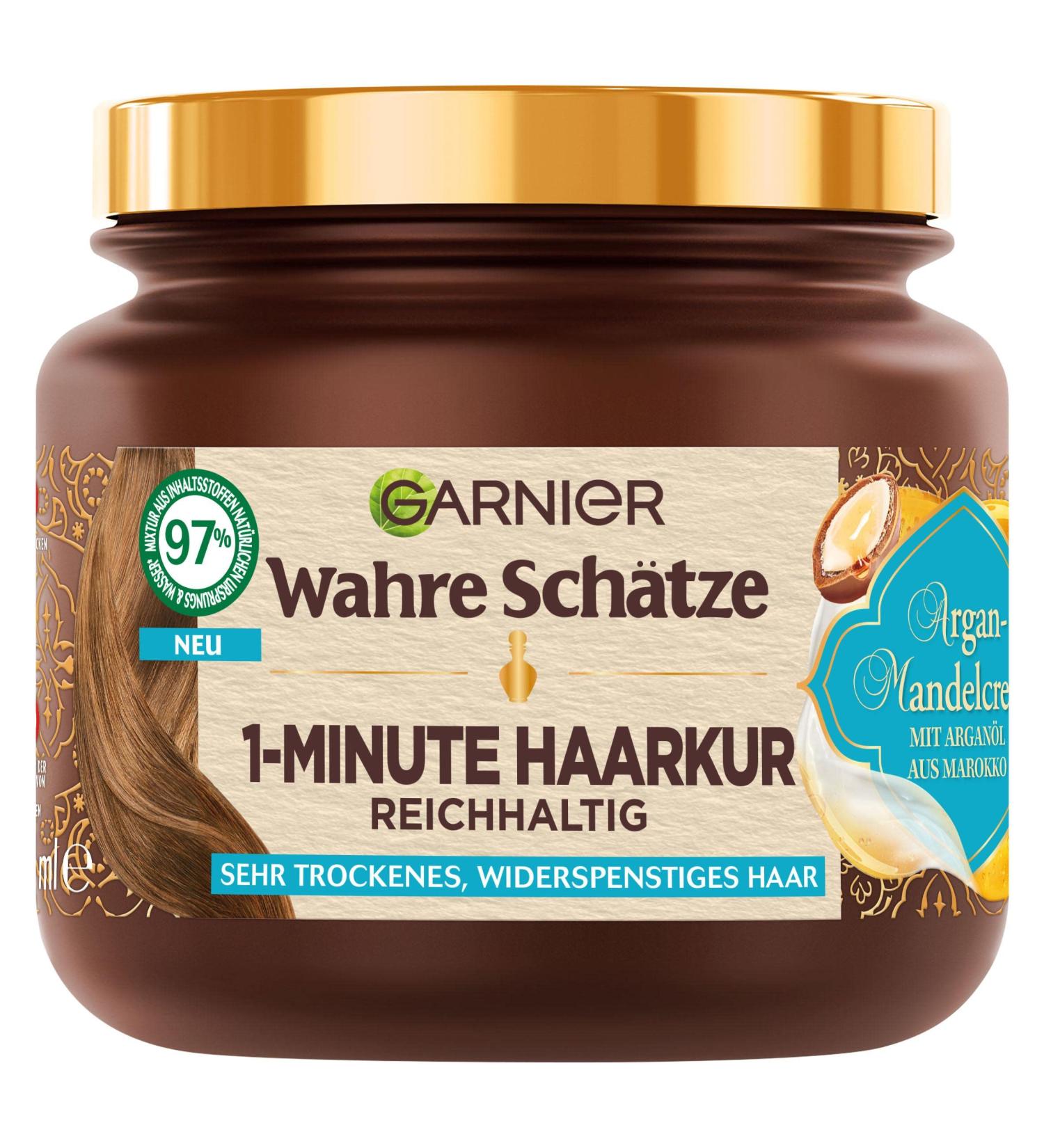 Garnier True Treasures Nourishing 1-Minute Hair Treatment | Argan & Almond Oil | Vegan Formula for Smooth Moisturized Hair | 340ml - Ideal for Dry Unruly Hair - Buy Online on SooperMarket.com