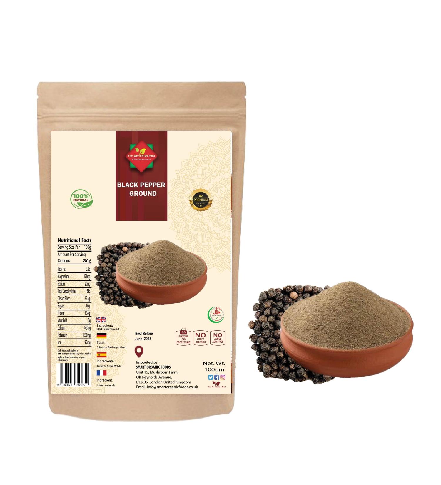 Black Pepper Ground (100g/3.52oz) - Premium Quality Piper Nigrum Powder - Buy Online on SooperMarket.com