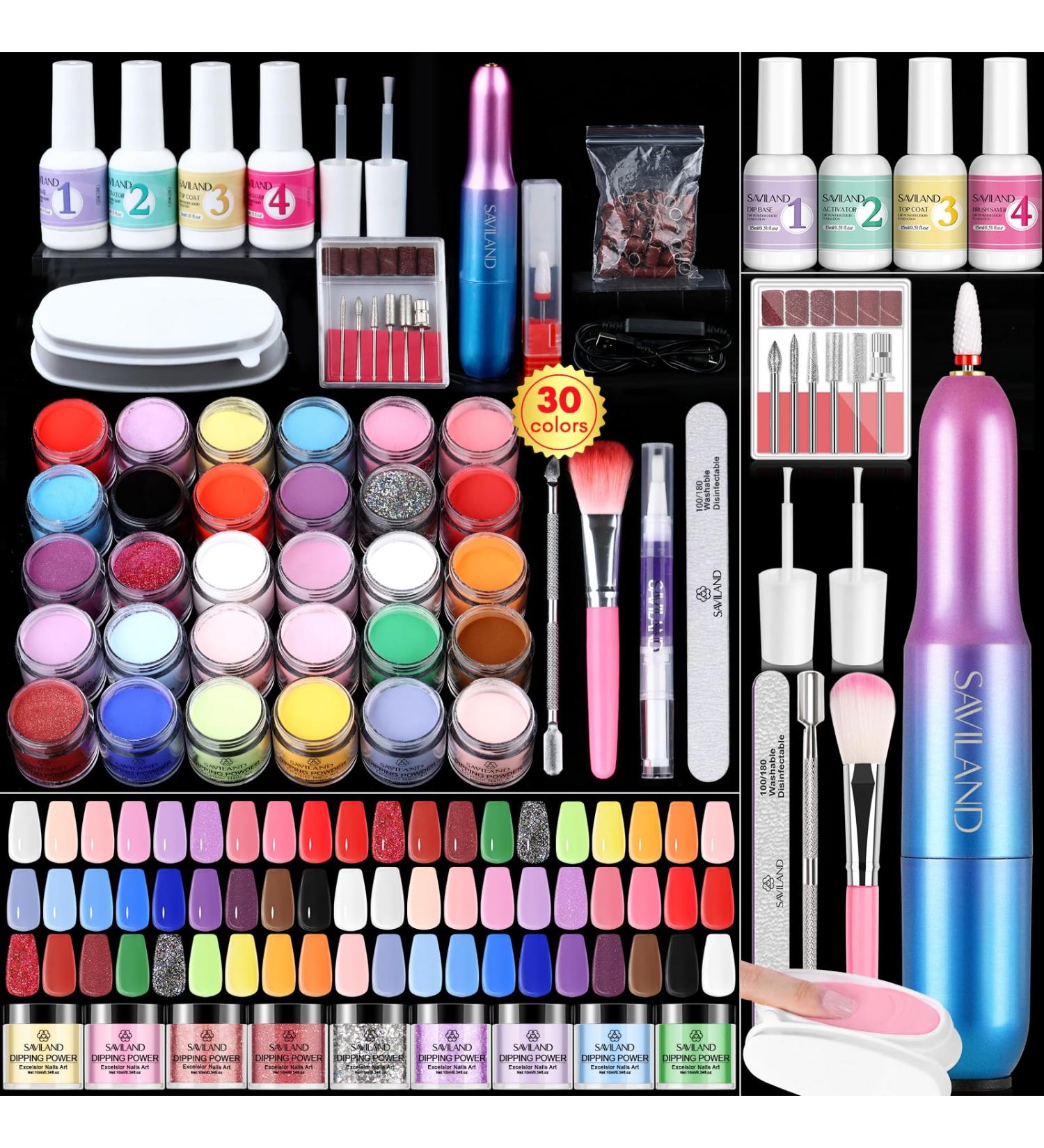 Saviland 60 PCS Dip Powder Nail Kit with Nail Drill | 30 Colors Dipping Powder Starter Kit for French Nail Art | Long-Lasting Formula | Keratin Infused | Manicure Set - Buy Online on SooperMarket.com