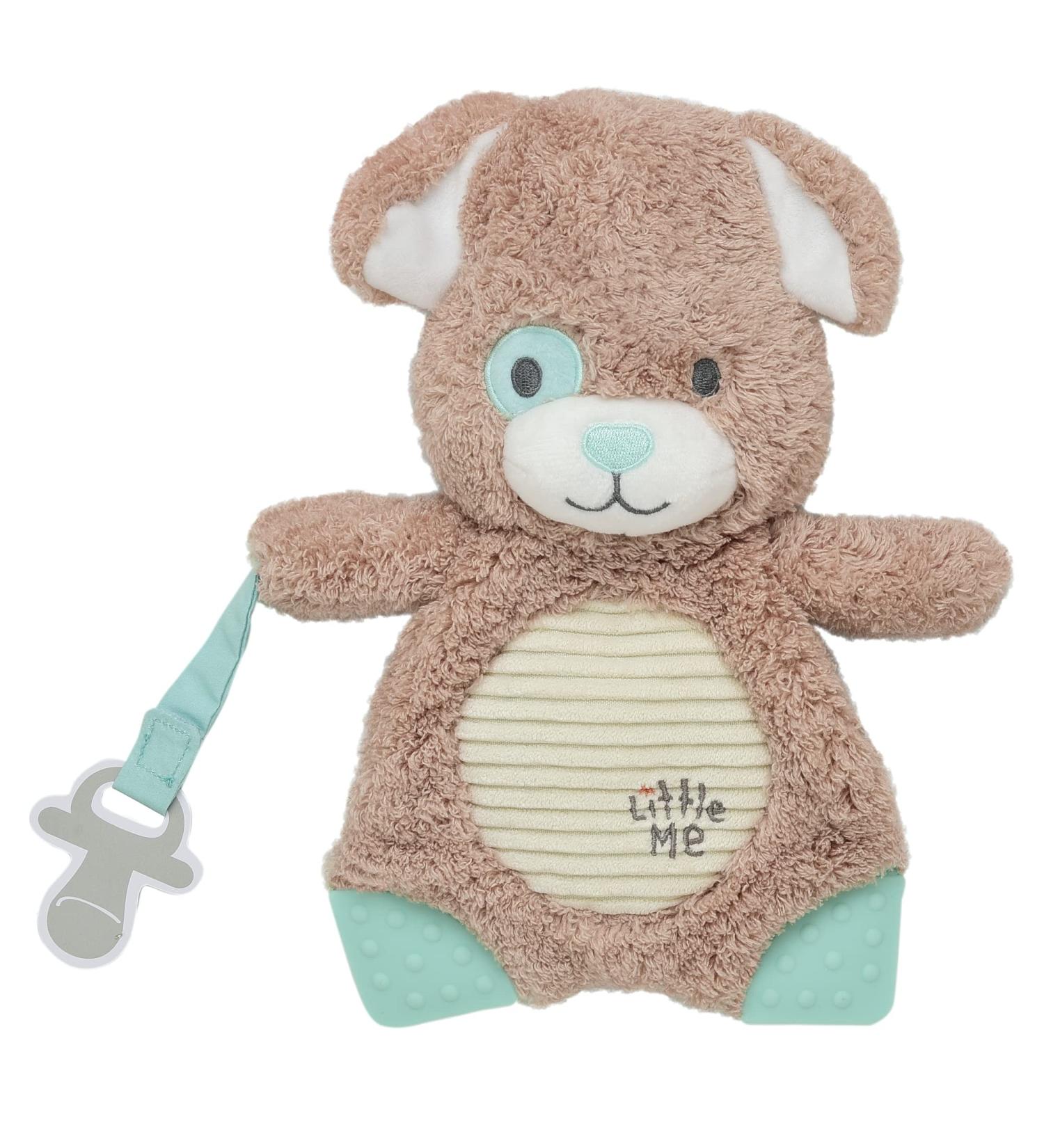 Large 9 inch Plush Toy with Two Silicone Teethers and Pacifier Holder Strap (Little Me Puppy  Tan)