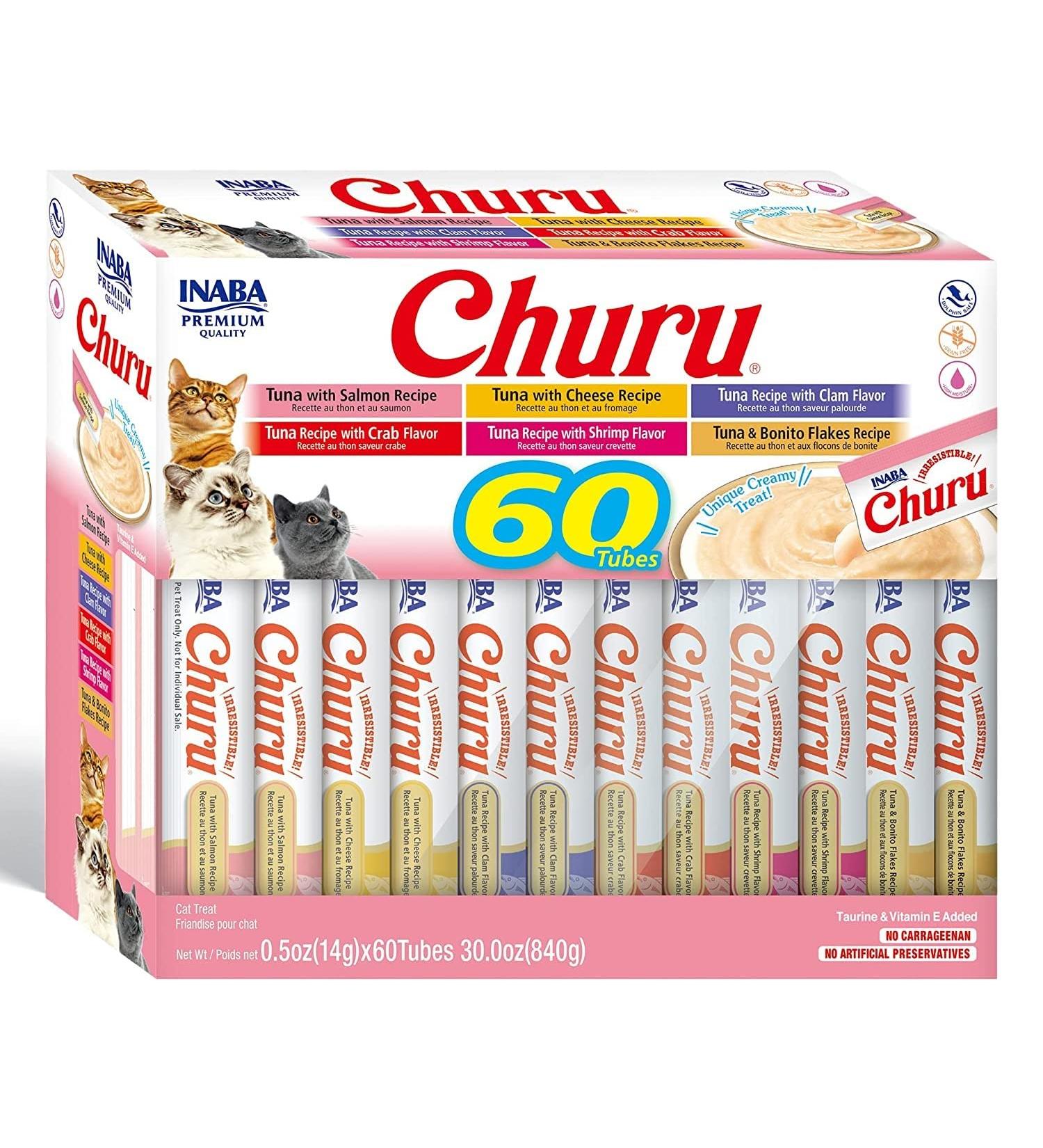INABA Churu Cat Treats 60 Tubes Tuna Variety Box Grain-Free Squeezable Creamy Pure Cat Treat with Vitamin E & Taurine - Buy Online on SooperMarket.com