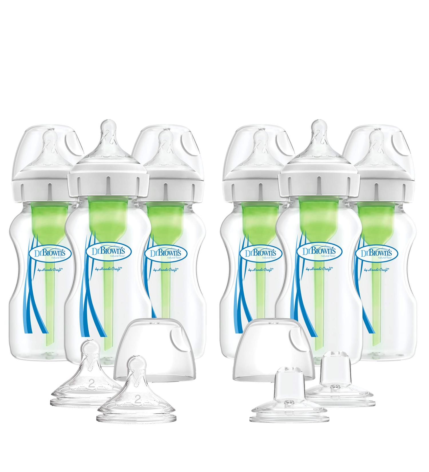 Dr. Brown's Natural Flow Anti-Colic Options+ Wide Baby Bottles 9oz 6 Pack - Level 1 Nipple, Bonus Level 2 Nipples & Sippy Spouts - Buy Online on SooperMarket.com