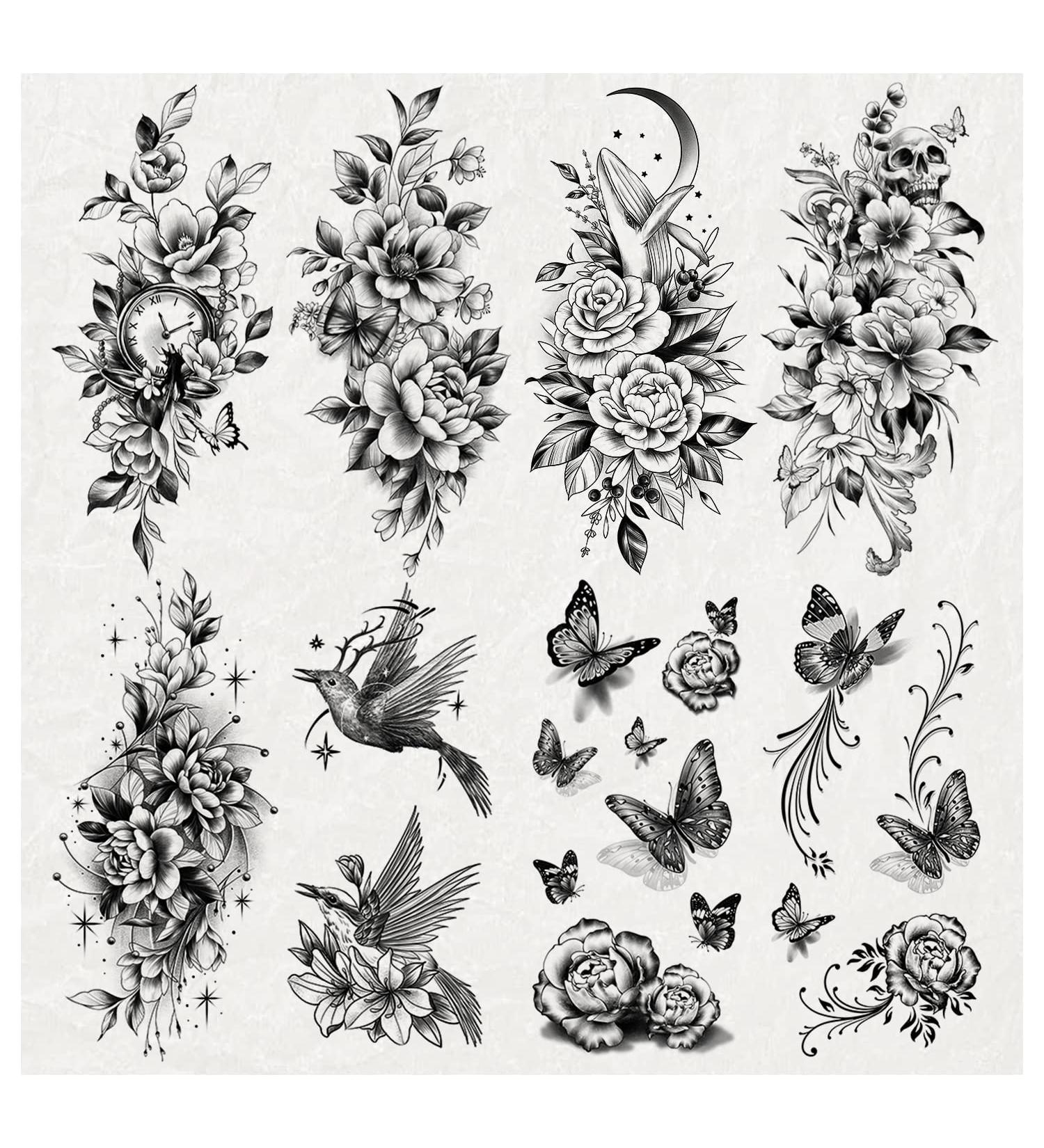 Large Black Flower & Butterfly Temporary Tattoos for Women - 10 Sheets - Buy Online on SooperMarket.com
