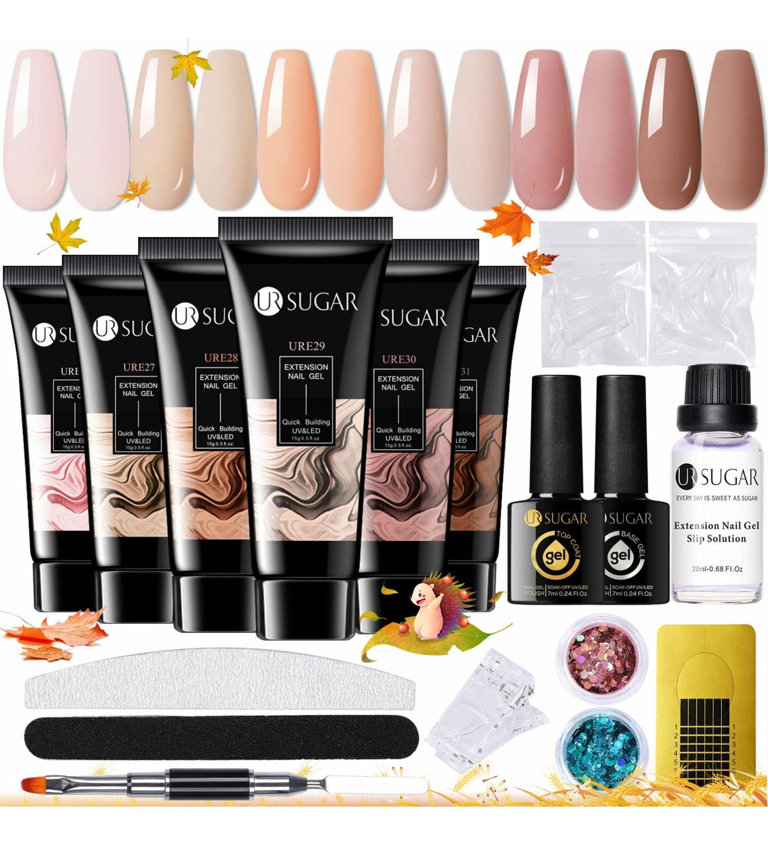 Ur Sugar Poly Gel Nail Set | 6 Colors Builder Kit for DIY Home Manicure | Base & Top Coat & Slip Solution Included | Perfect for Nail Extensions & Brown Shades - Buy Online on SooperMarket.com