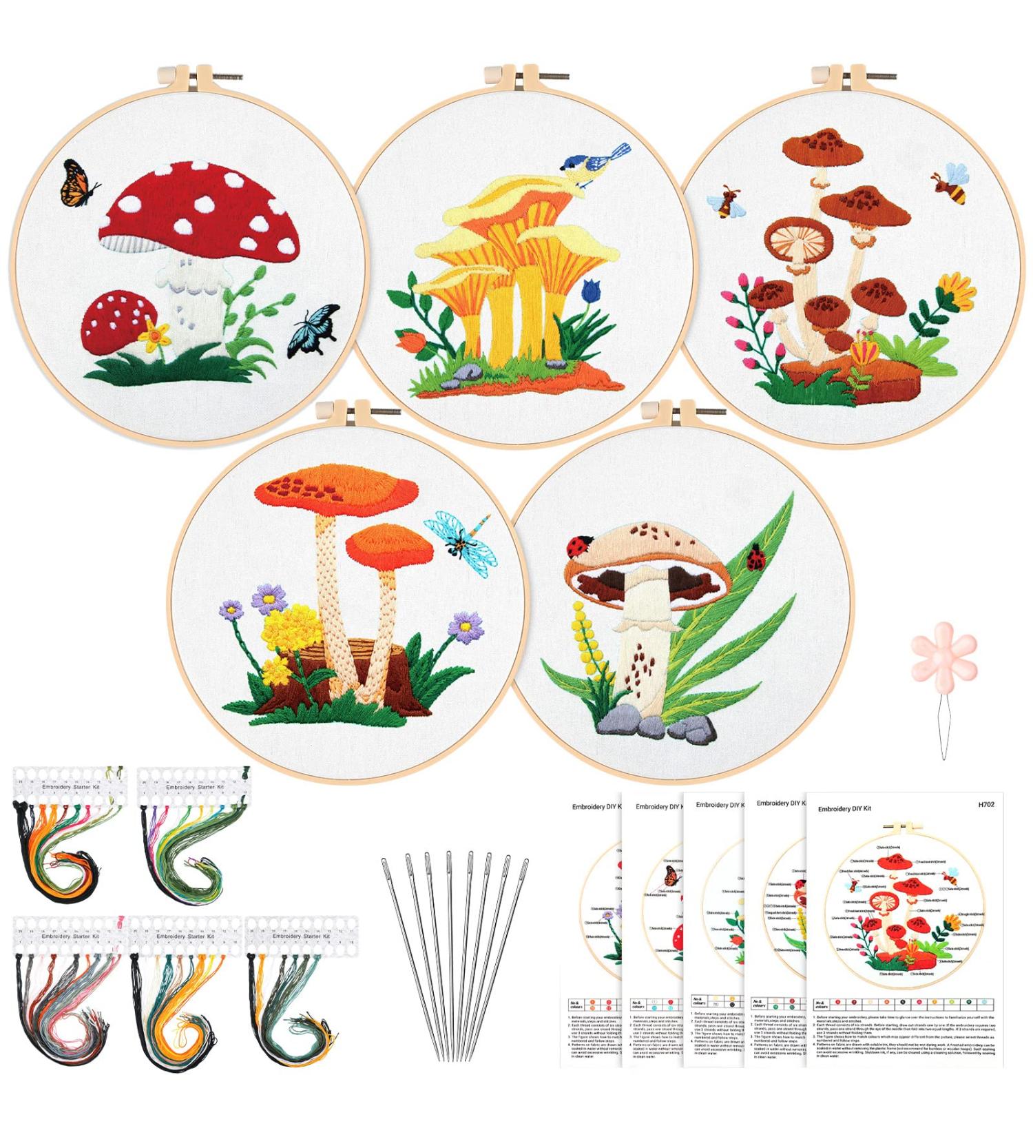 Embroidery Starter Kit: Mushroom Cross Stitch Set for Beginners - 5 Sets with Patterns, Instructions, Hoops, Needles & Threads - Buy Online on SooperMarket.com