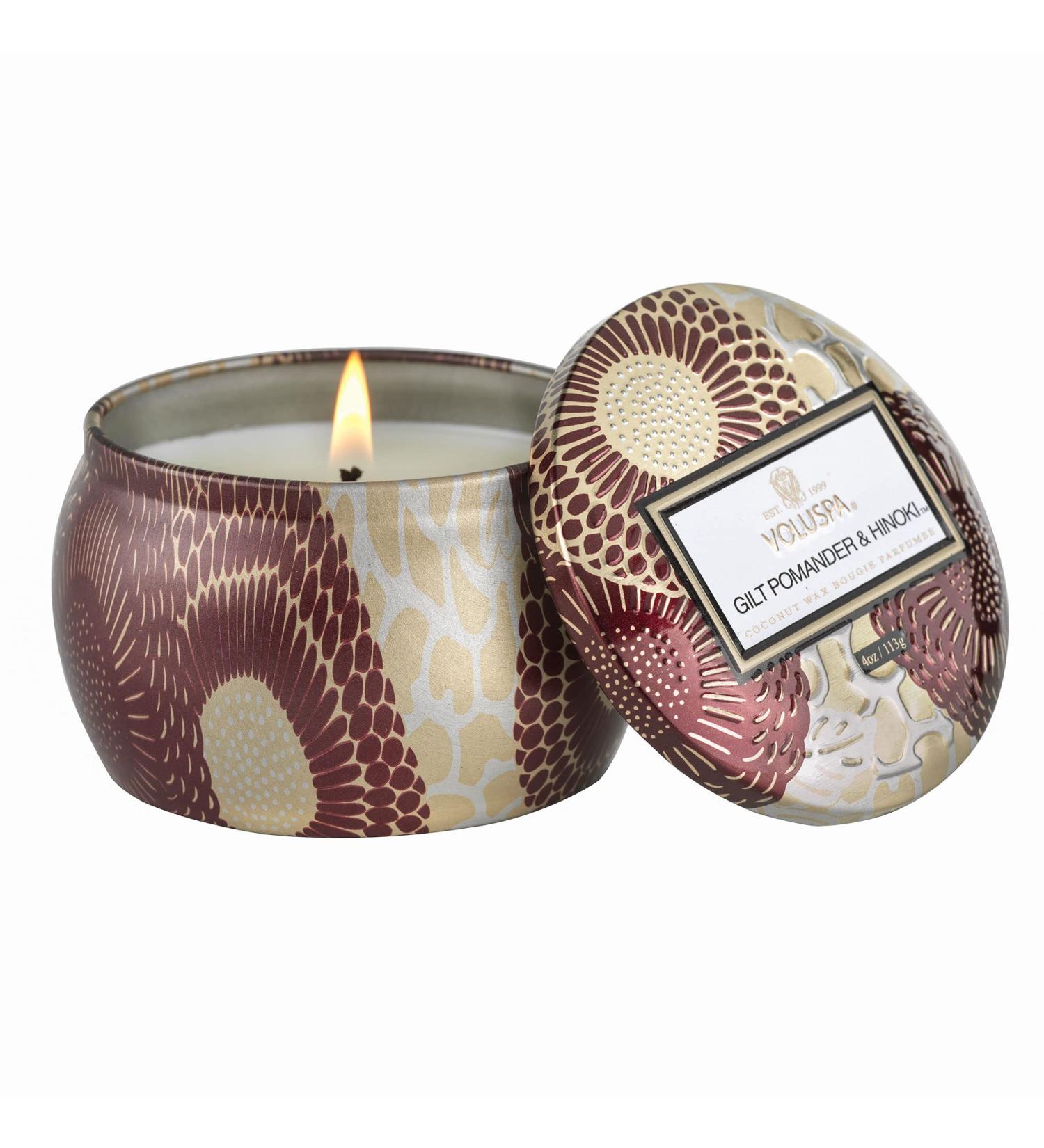 Buy Voluspa Gilt Pomander & Hinoki Candle Mini Tin (4 Oz) | 25 Hour Burn | All Natural Wicks & Coconut Wax | Vegan Friendly | International Shipping Available - Buy Online on SooperMarket.com