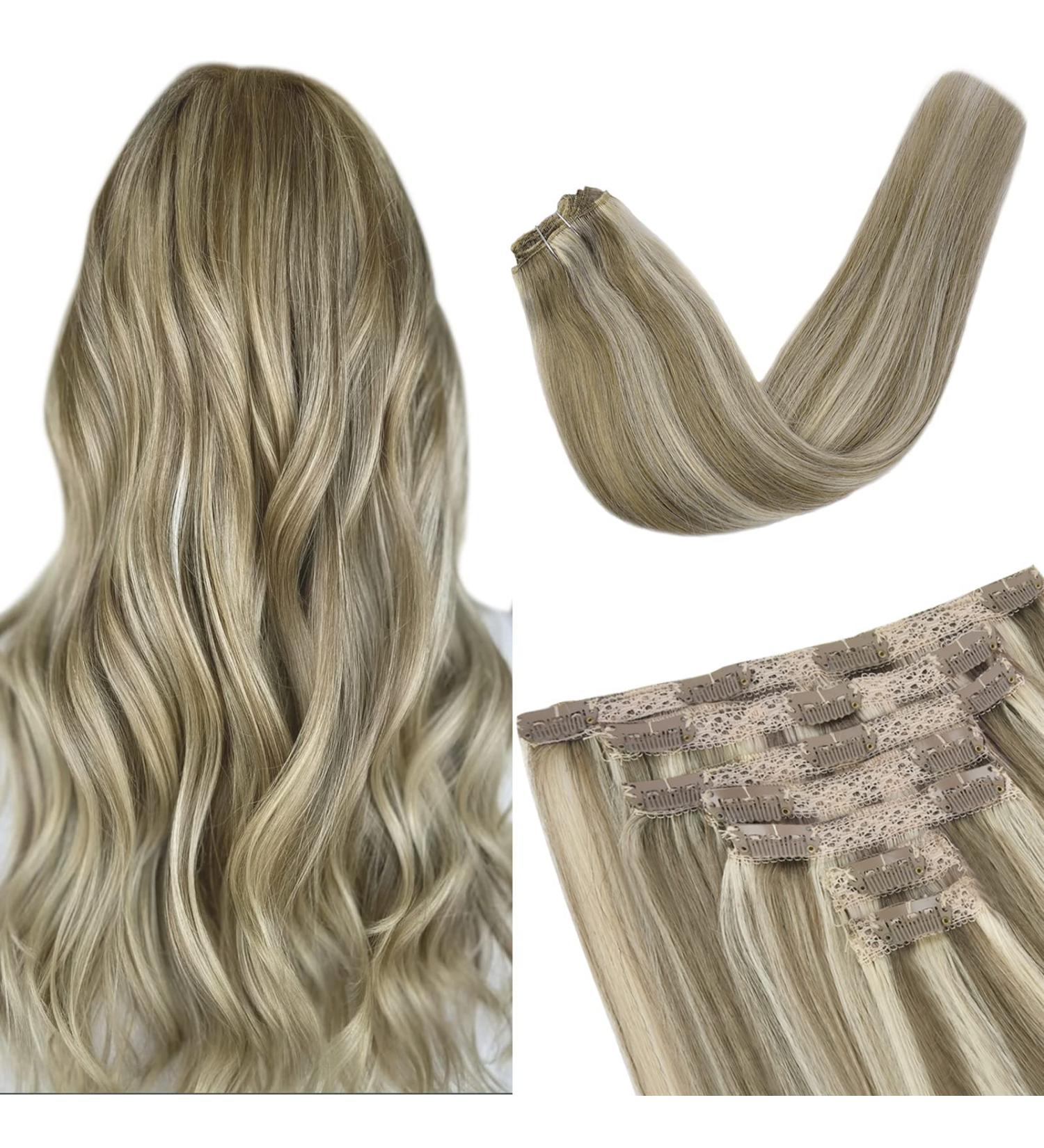 Vlasy 16 Inch Clip in Hair Extensions Human Hair T14/60+T14/60# - Seamless Natural Thick Weft Human Hair Extensions for Women - 7 Pieces (80g) - Buy Online on SooperMarket.com