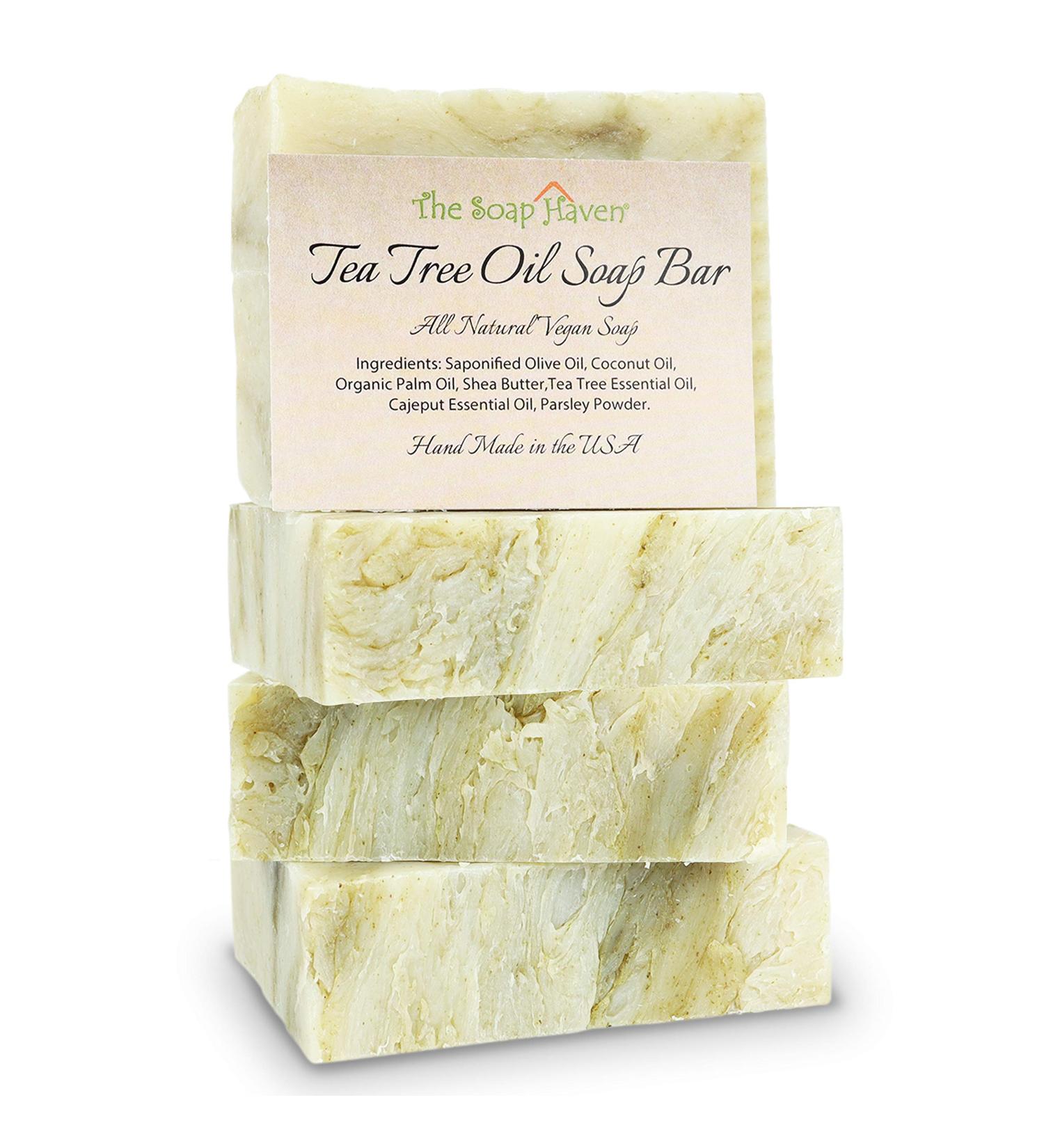 Tea Tree Oil Soap Bars - Handmade in USA, 4 Natural Bars for Face, Body, Hand & Foot Wash - Fights Acne, Itch & Body Odor - Non-GMO Ingredients - Buy Online on SooperMarket.com