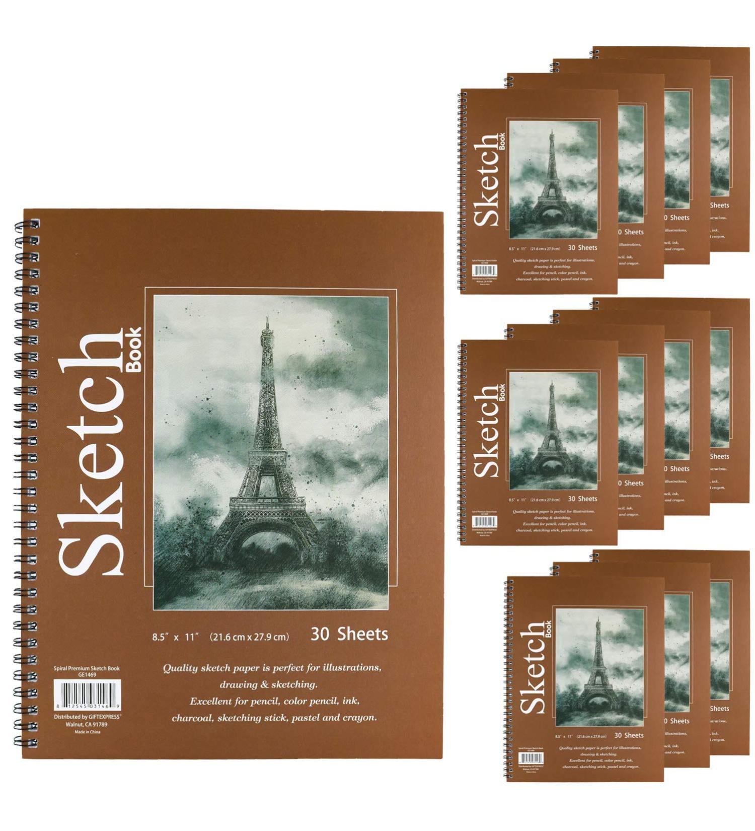 GIFTEXPRESS Pack of 12 Letter Size Sketch Book Bound Spiral Premium Sketch Pads Set, Pencil Sketch Book 30 Sheets Each, 8.5" X 11" Side Wire Bound, White Blank Paper Sheets for Pencil, Ink, Pastel