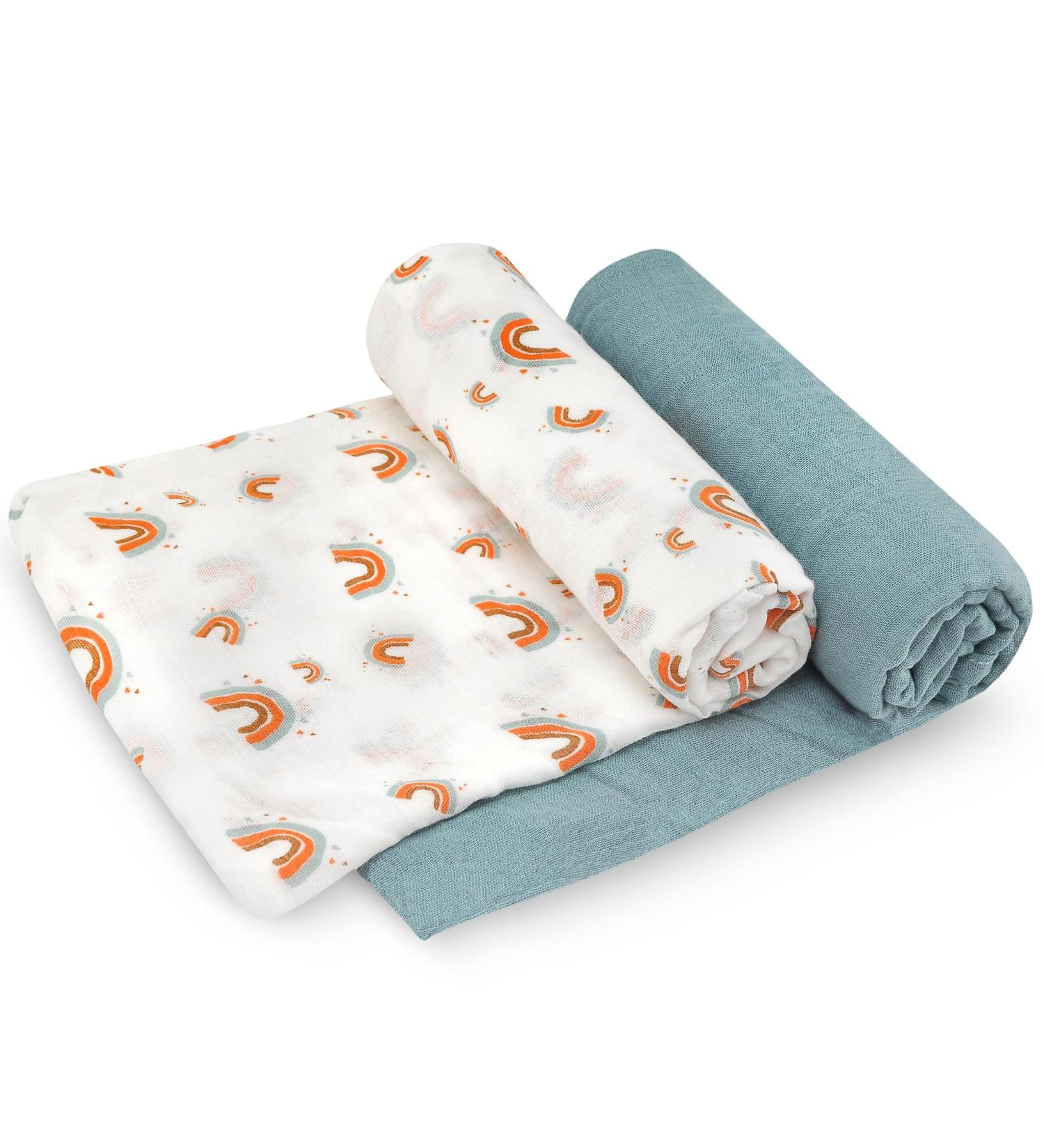 Fern & Avery Swaddle Blankets - Gender Neutral Muslin Swaddles for Baby Boy or Girl - Set of 2 Rainbow Blue Newborn Essential Receiving Blankets - Buy Online on SooperMarket.com
