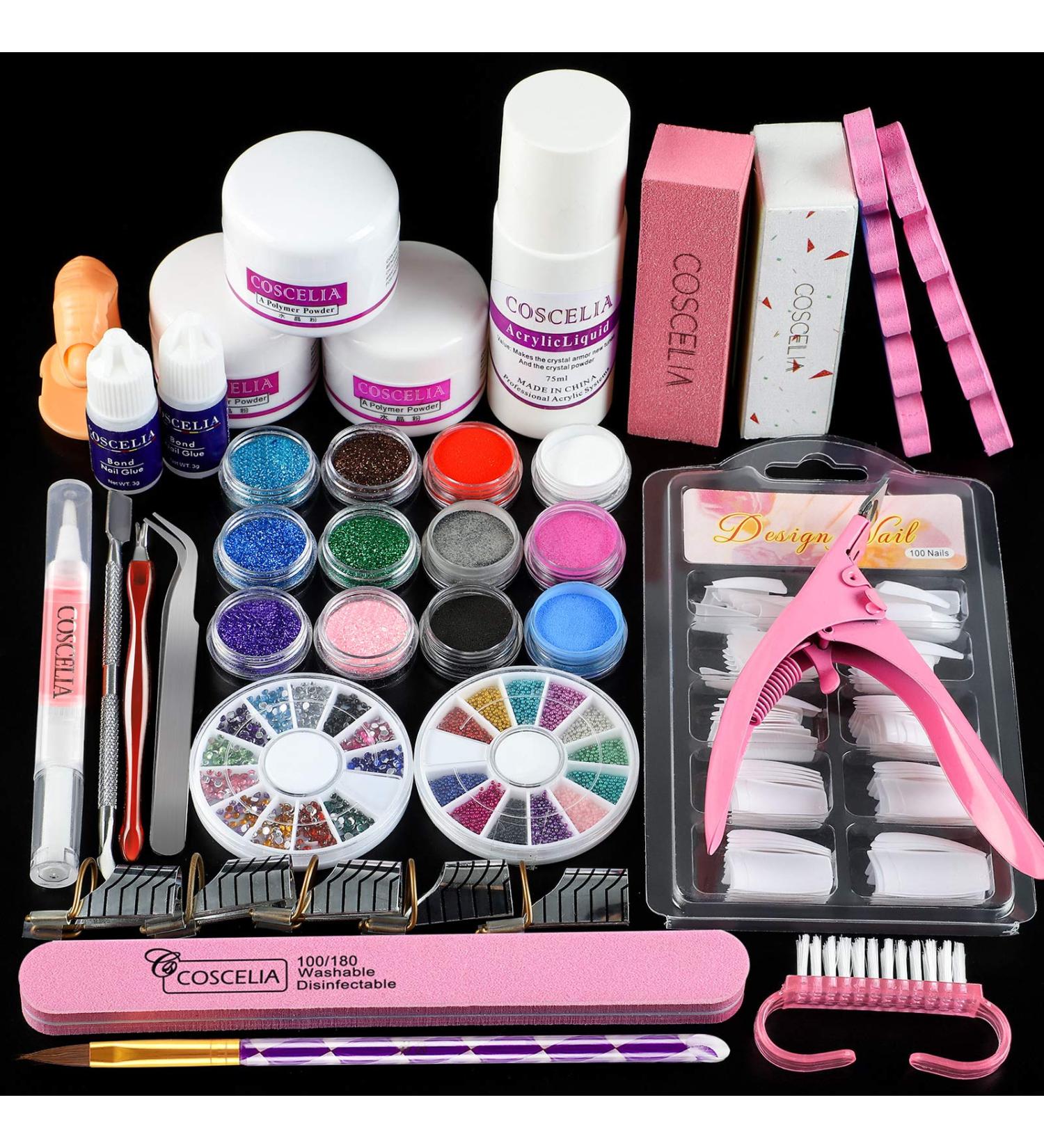 Acrylic Nail Kit for Beginners & Professionals - 3 Colors Powder, 12 Glitter Powders, Nail Tips & Supplies for Nail Extension & Decoration - DIY Acrylic Nails 147 - Buy Online on SooperMarket.com
