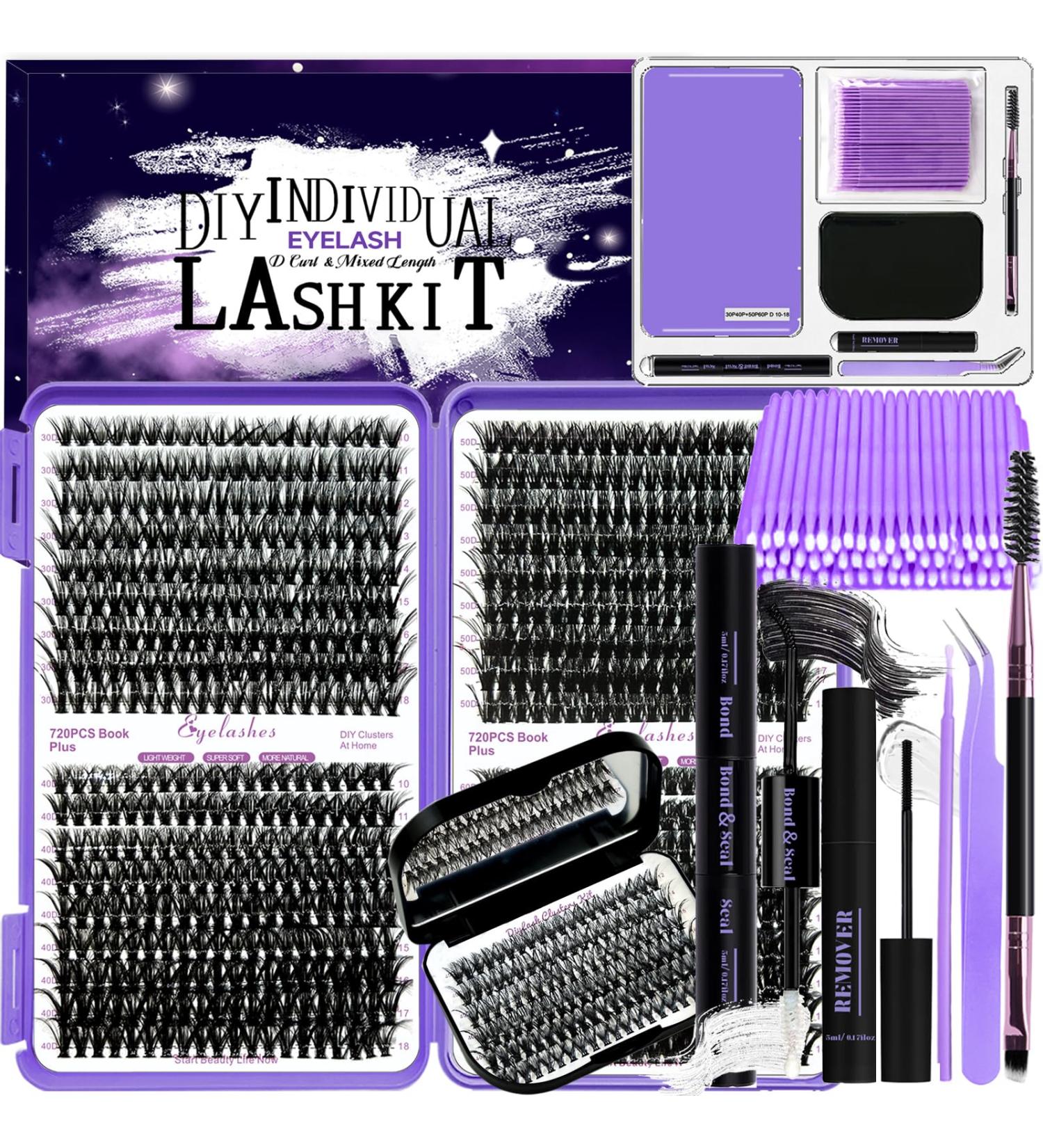 DNSGOOR DIY Lash Extension Kit 840Pcs D Curl Individual Lash Clusters Eyelashes Extension Set with Mirror Lash Storage Box Lash Bond&Seal Glue Remover Tweezers Lash Brush Applicator A-Lash Kit 30-60D - Buy Online on SooperMarket.com