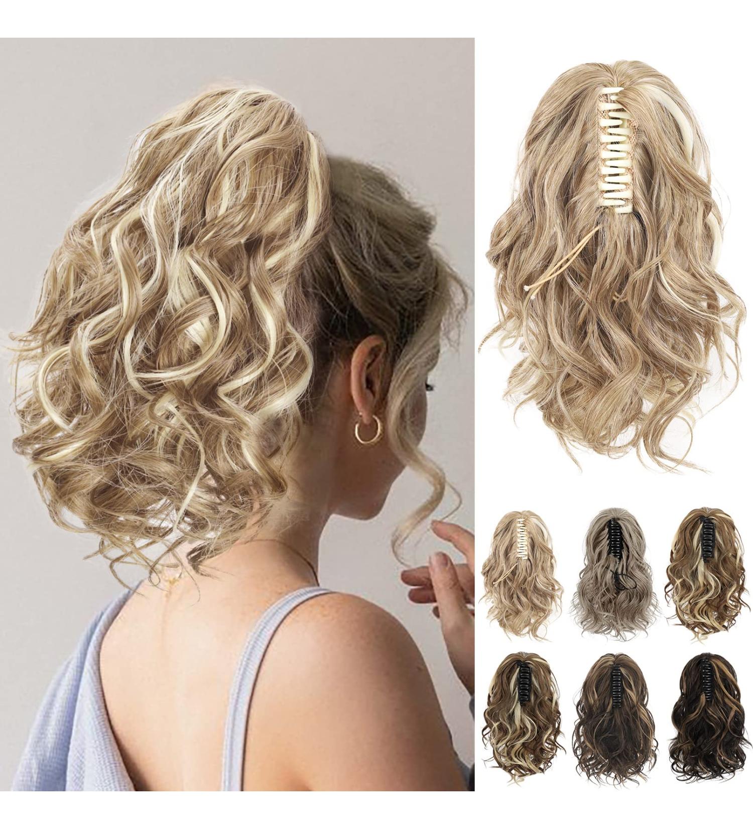 REECHO 10 Inch Short Curly Ponytail Extension Claw Clip in Synthetic Hairpiece - Medium Blonde with Highlights | Natural Wavy Ponytail Extension for Women - Buy Online on SooperMarket.com