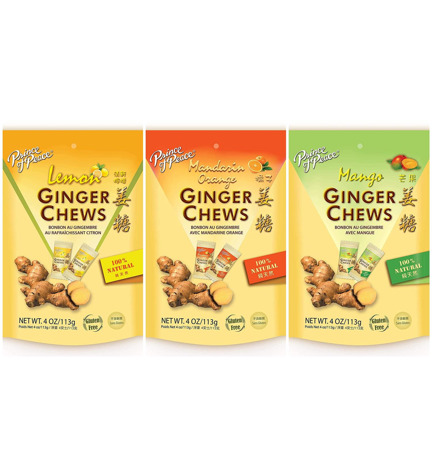Prince of Peace Ginger Chews 3 Flavor Variety Pack 4oz - Flavors Lemon, Mango, Mandarin Orange, 100% Natural, non-GMO, Vegan and Gluten-Free