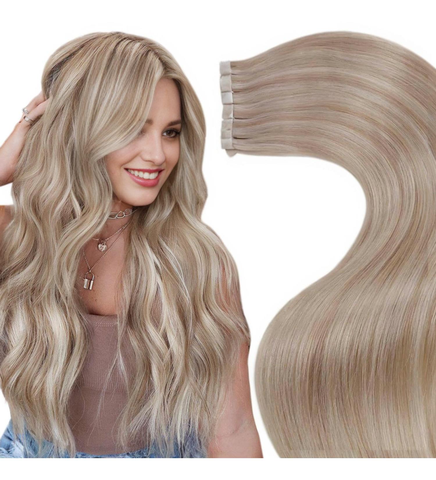 LaaVoo 55cm Tape In Real Hair Extensions - Ash & Light Blonde Highlights 20pcs 50g Remy Seamless Hair Extensions #P18/613 - Buy Online on SooperMarket.com