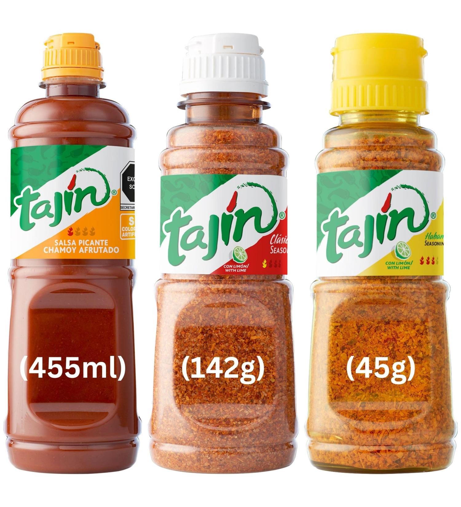 Tajin Seasoning Bundle: Clasico with Lime 142g, Habanero with Lime 45g, Chamoy Sauce 455ml - Authentic Mexican Flavouring - Buy Online on SooperMarket.com
