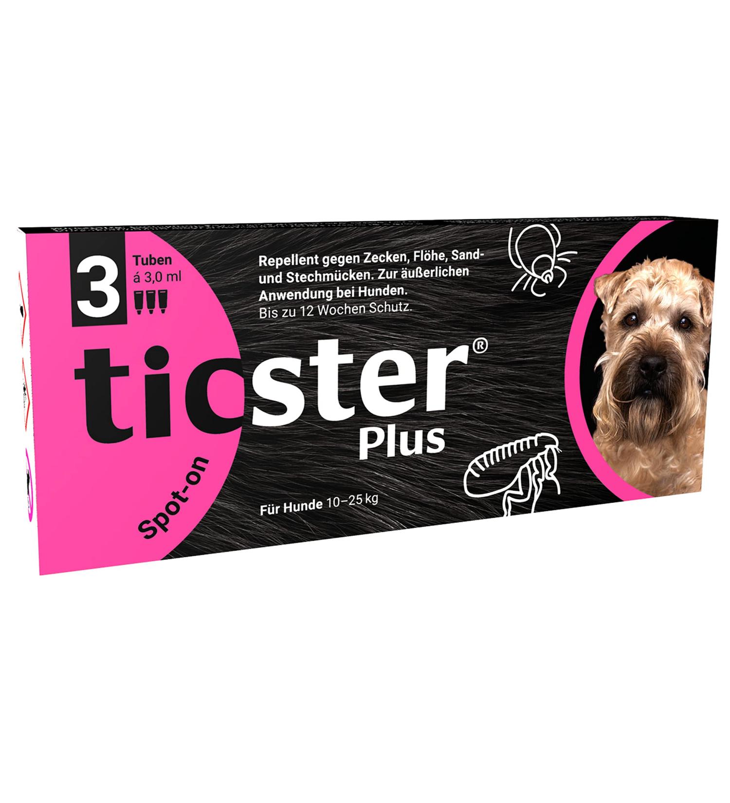 Ticster Plus Spot-on for dogs from 10- 25 kg flea and tick content: 3x 3.0 ml protection duration: up to 12 weeks (solution to step up also against sand and mosquitoes insect protection for dogs) 3 tubes 3 0 ml dogs from 10 - 25 kg