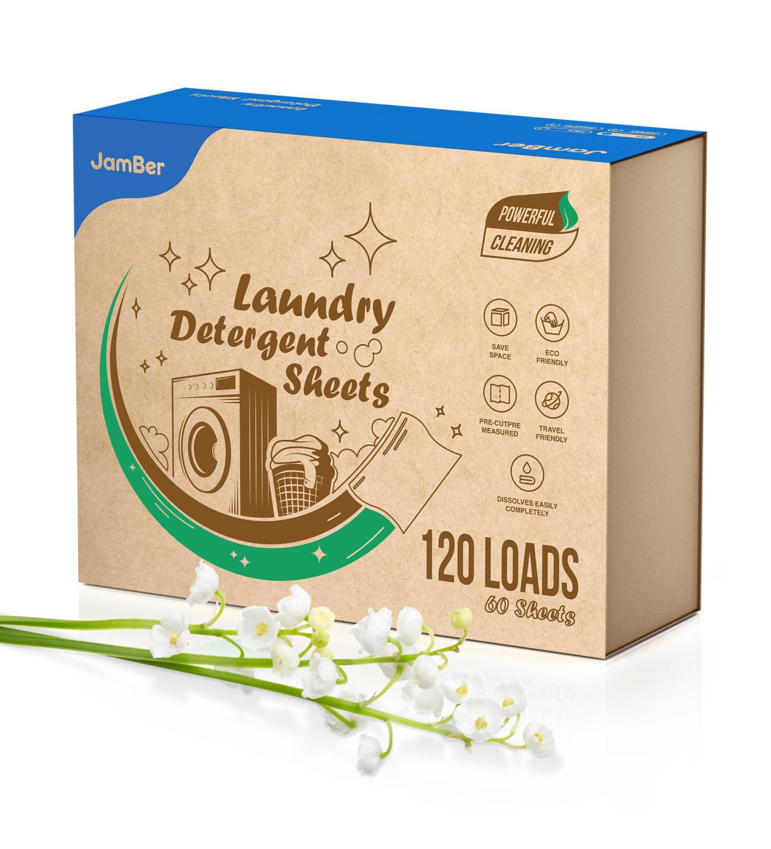 JamBer Laundry Detergent Sheets - 60 Plant-Based Strips Zero Waste Fresh Scent Ideal for Home Dorm Travel and Camping - Buy Online on SooperMarket.com