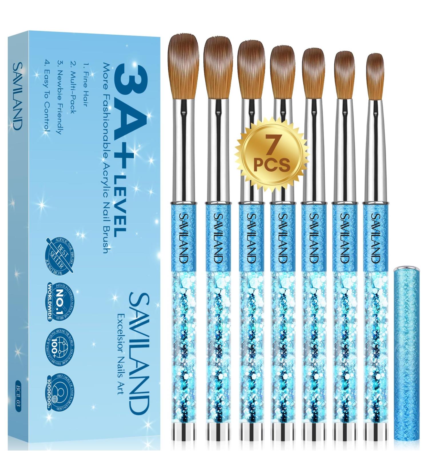 Saviland Acrylic Nail Brush Set - High Quality Synthetic Bristles with Blue Mermaid Princess Handle, 7 Sizes for Acrylic System Application - Size 4# to 16# - Blue 01 - Buy Online on SooperMarket.com