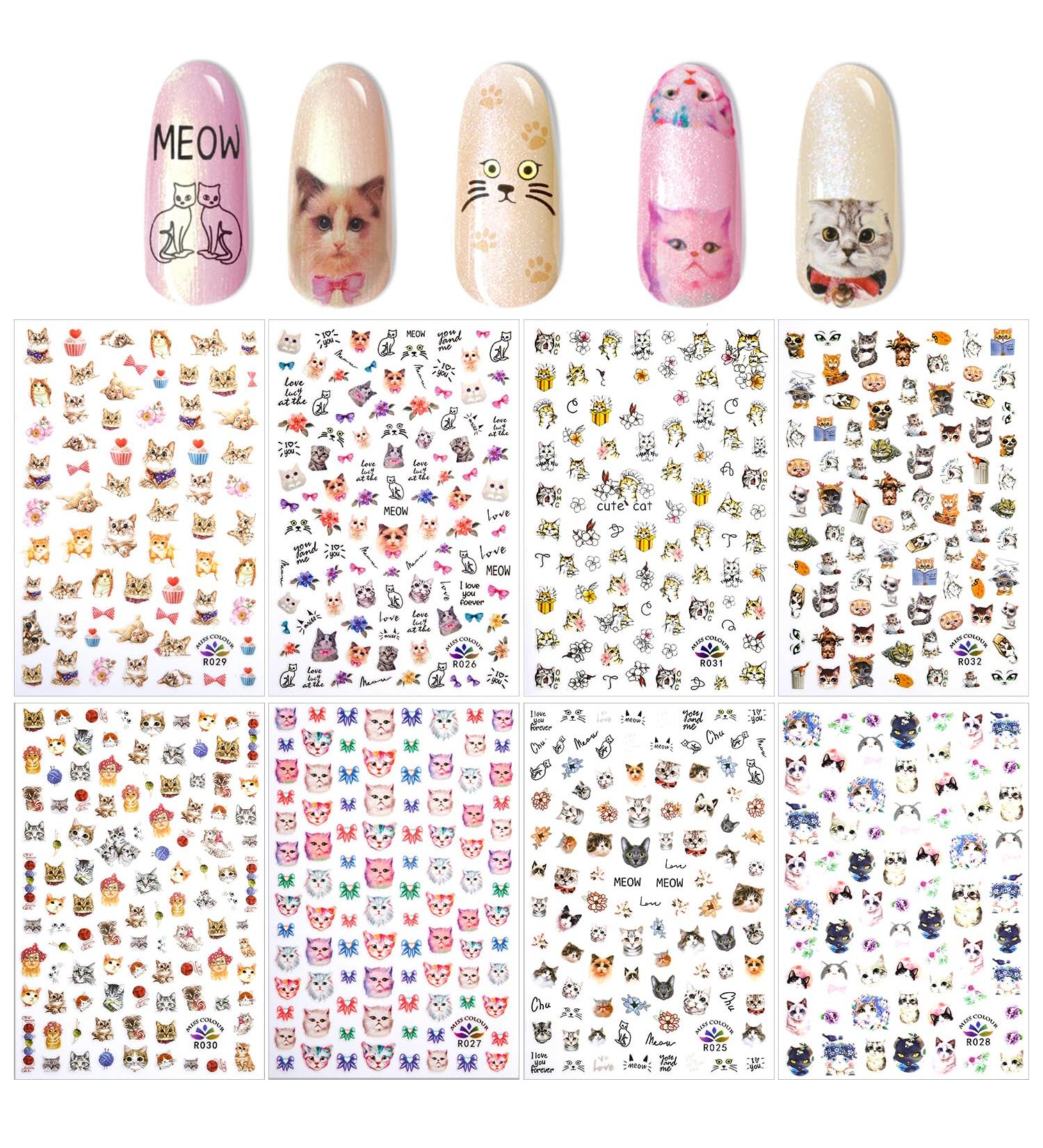 PHOGARY Cat Nail Stickers - 8 Sheets Nail Art Decals for Women & Girls | Perfect for False Nails & Manicure Gifts - International Shipping Available - Buy Online on SooperMarket.com