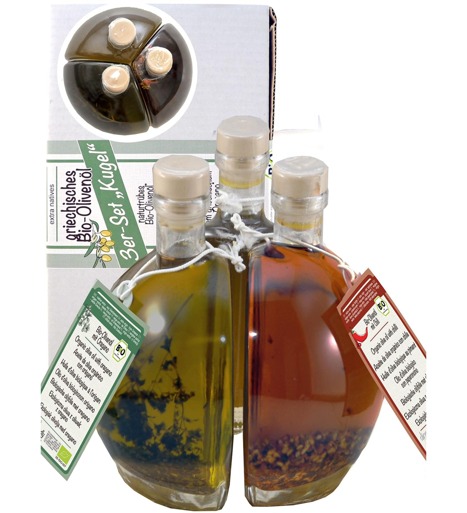 Direct & Friendly Gift Set: 3 Decorative Organic Olive Oil Bottles - Naturally Cloudy Chili & Oregano (3x200ml) - Perfect International Gift - Buy Online on SooperMarket.com