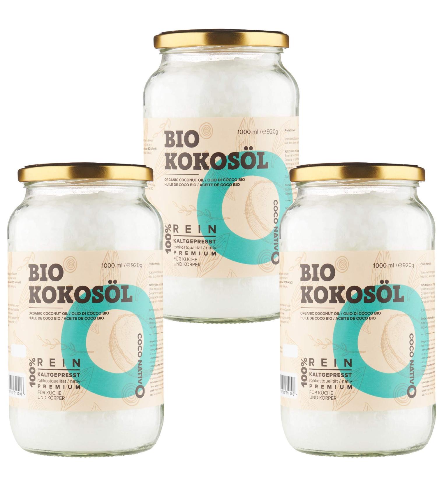 Organic Coconut Oil Coconativo 3x1000ml - Premium Cold-Pressed Coconut Fat for Cooking Baking Hair & Skin Care - Raw Food Quality - Buy Online on SooperMarket.com