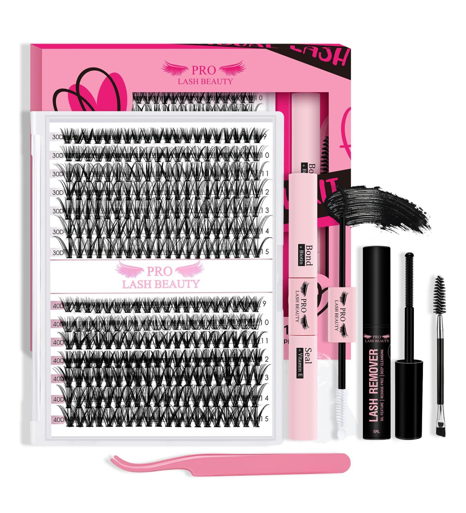 PRO DIY Lash Extension Kit - 280pcs D Curl Individual Lashes with Bond and Applicator - Easy to Apply at Home - 9-15 Mix 30D+40D-D Kit - Buy Online on SooperMarket.com
